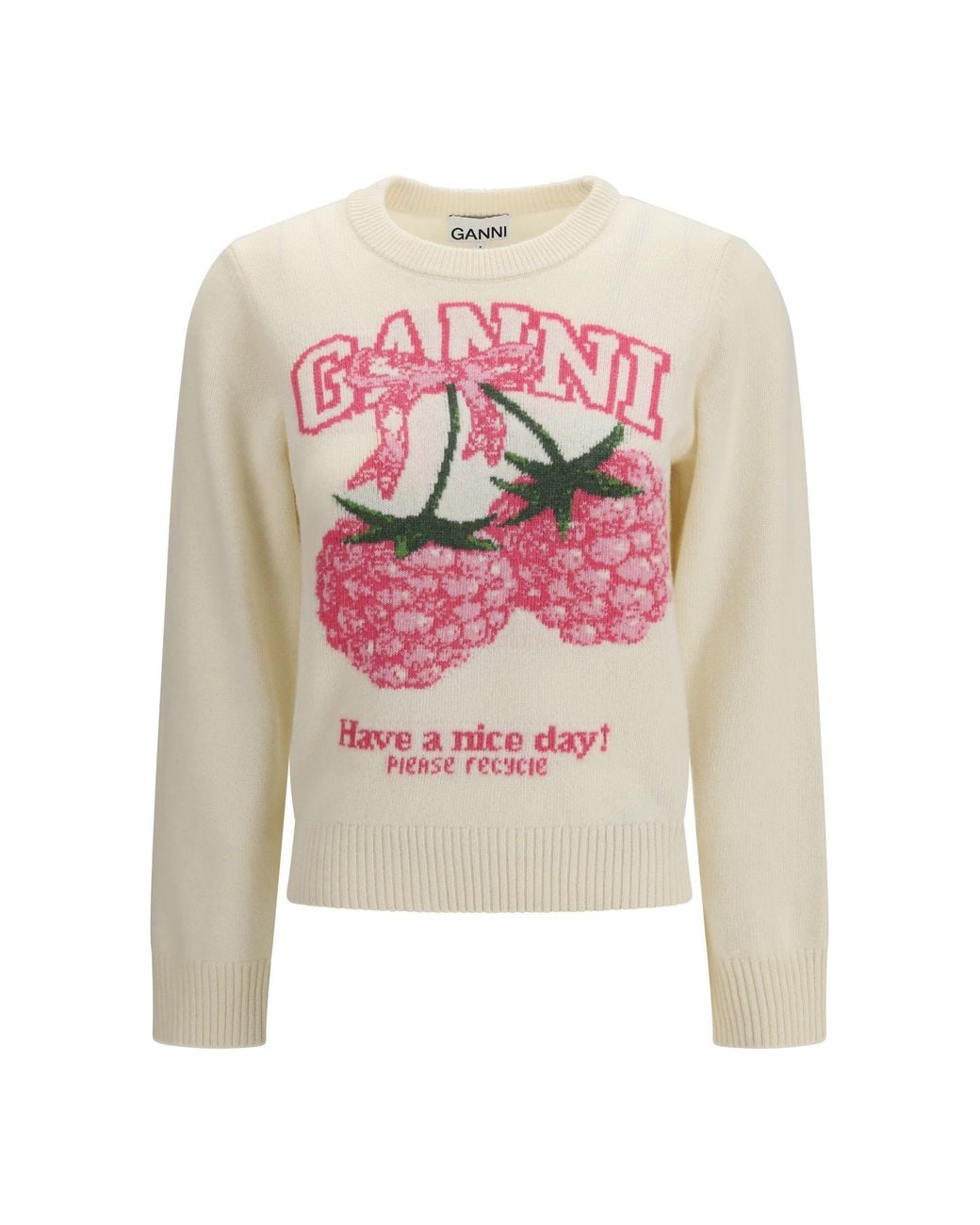 Ganni White Crewneck Sweater With Raspberries Print