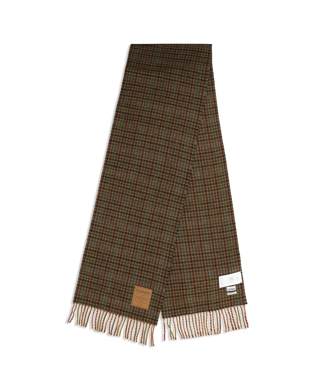 Ganni Brown Small Check Wool Scarf