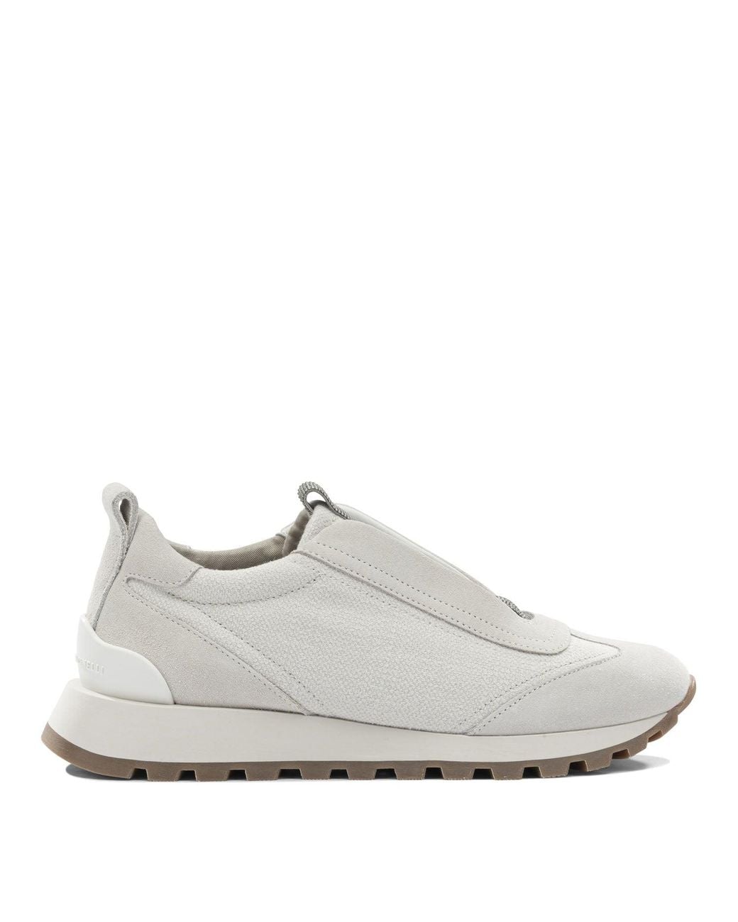 Brunello Cucinelli White Canvas And Suede Sneaker With Precious Detail
