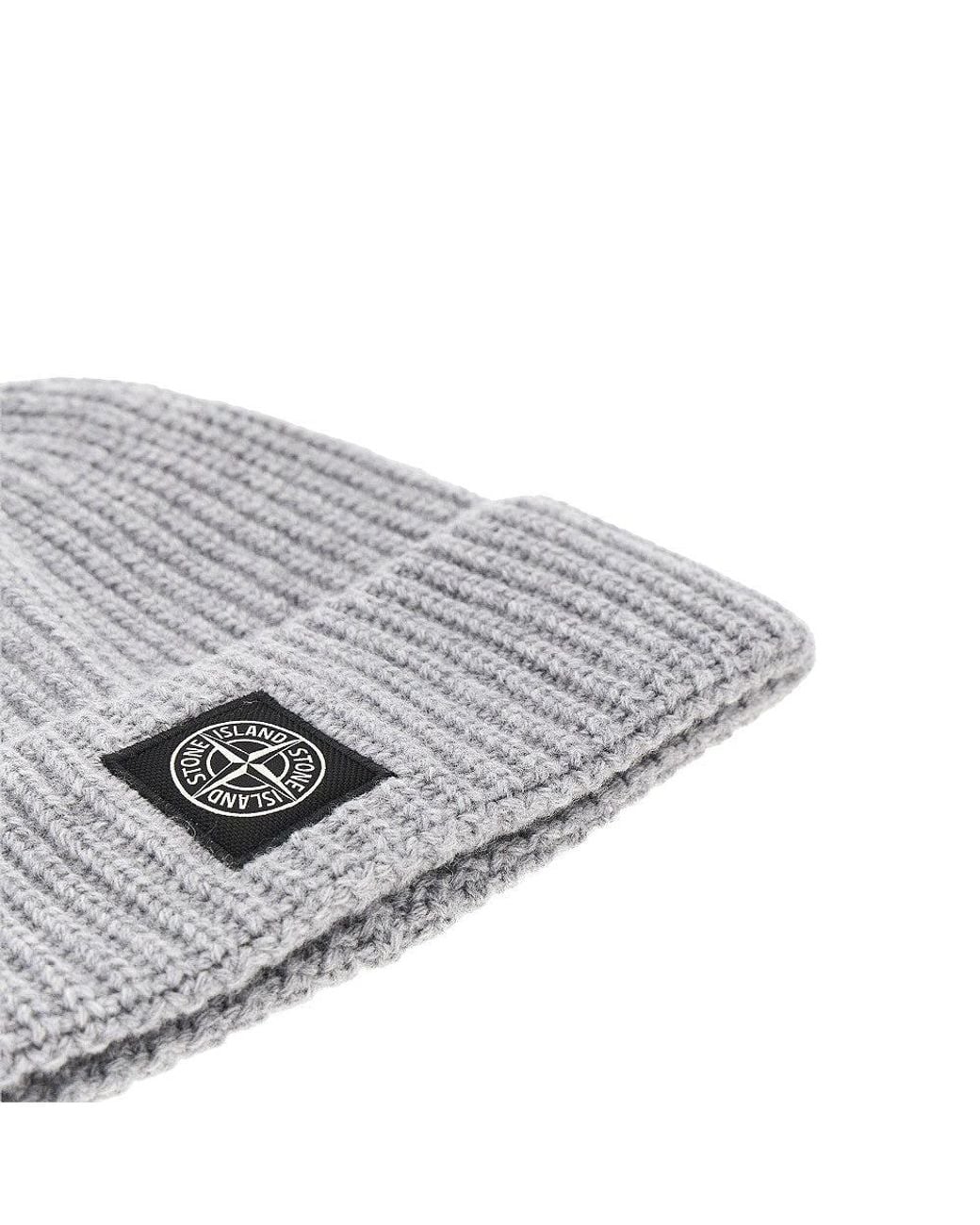 Stone Island Gray Virgin Wool Beanie Hat With Logo Patch for men