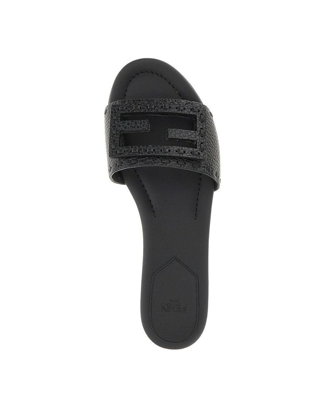 Fendi Black 'Baguette' Grained Leather Slides