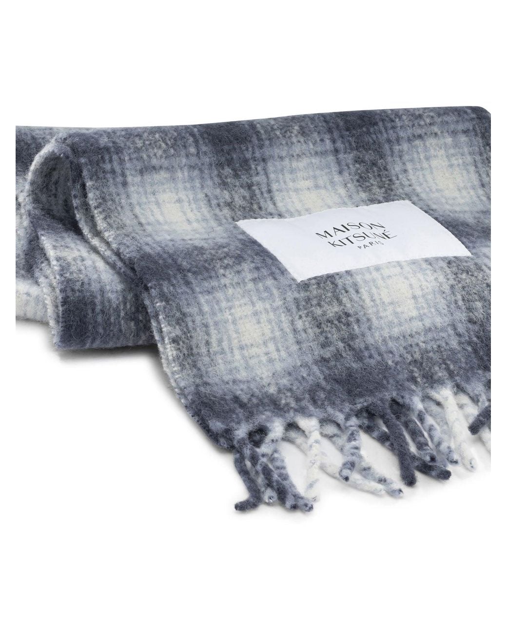 Maison Kitsuné Blue Alpaca Fringed Gradient Check Scarf for men