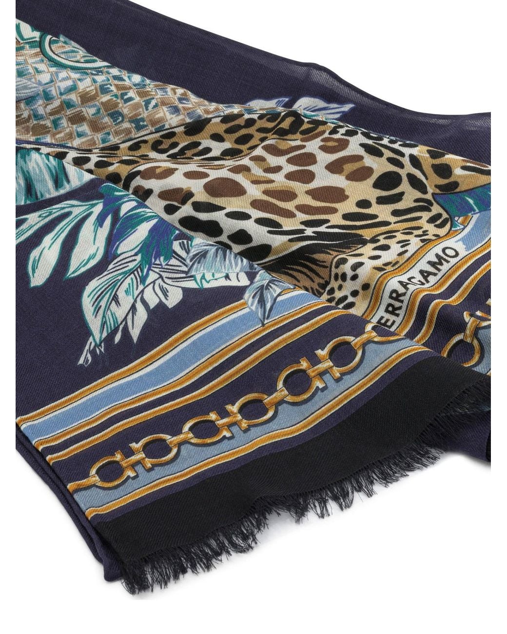 Ferragamo Blue "Felini" Fringed Scarf