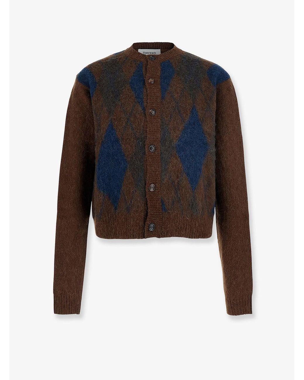 TONYWACK Blue Brushed Argyle Cardigan Alpaca Blend for men
