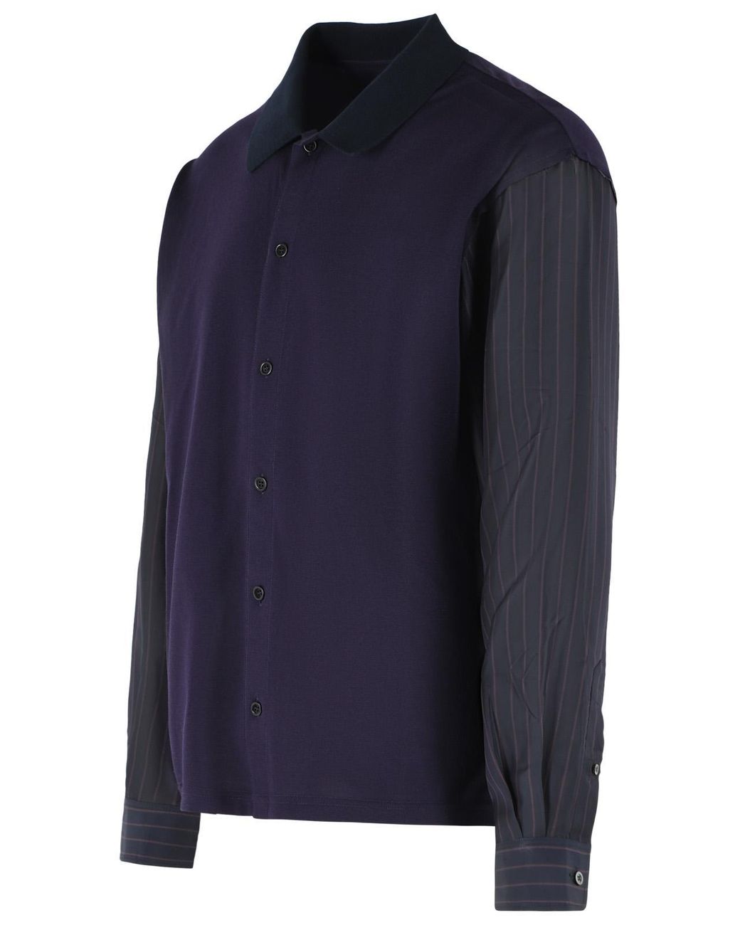 Maison Margiela Blue Ribbed Polo Cotton Shirt With Cupro Striped Sleeves for men