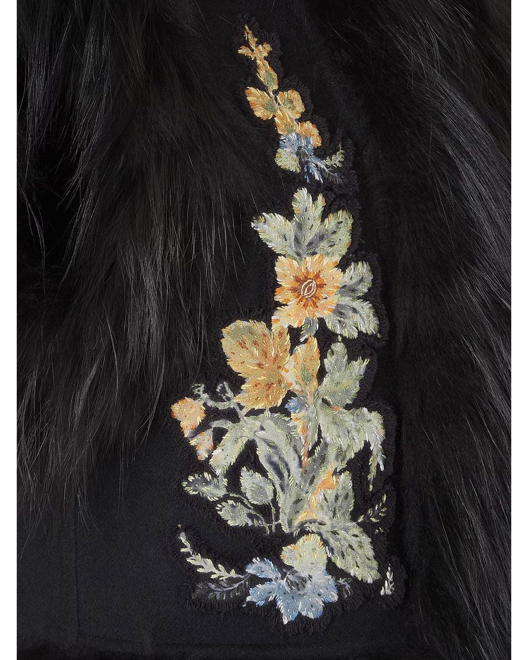 Fendi Black Wool Vest With Floral Embroidery And Fox Fur Trim