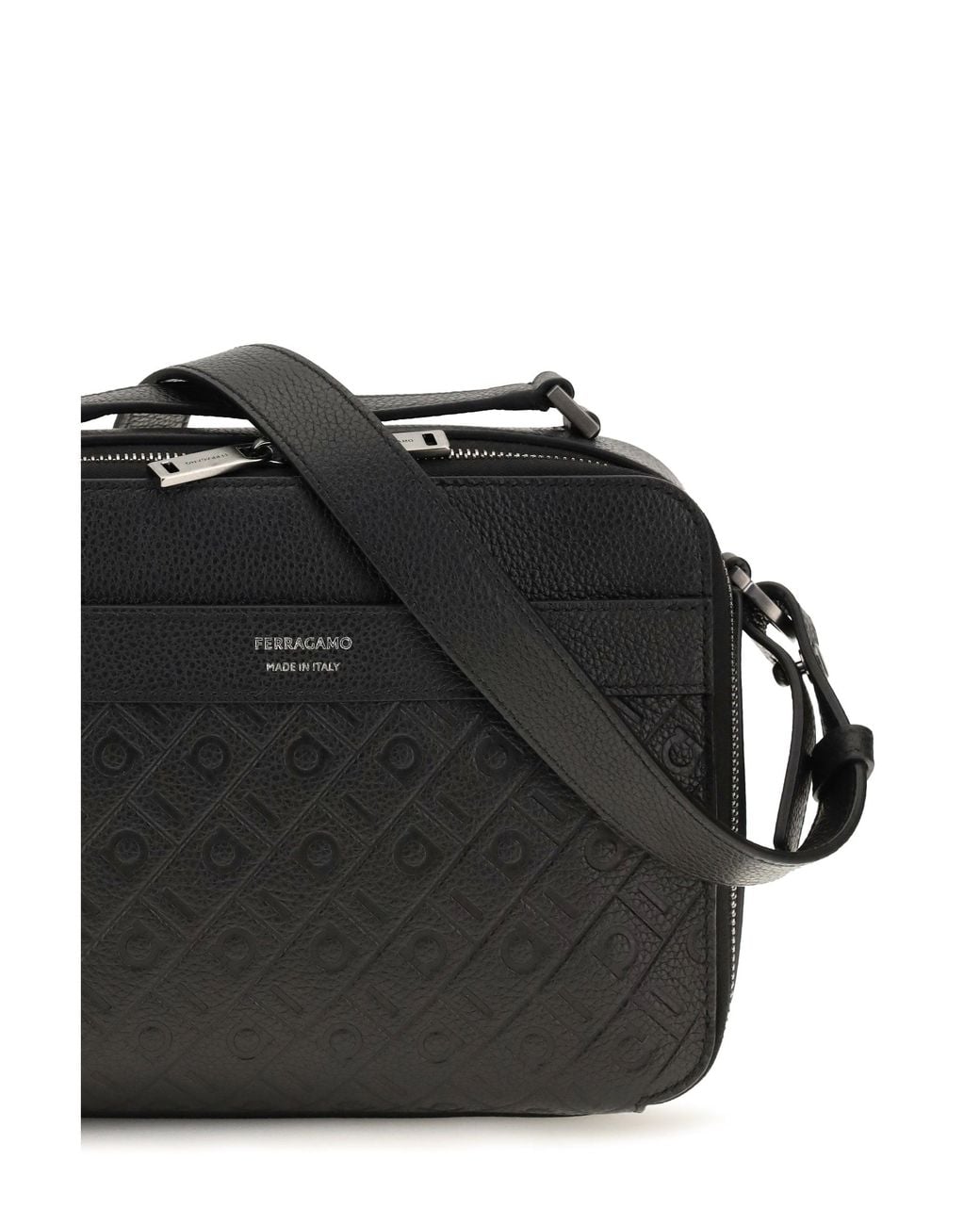 Ferragamo Black Leather Crossbody Bag Gancini Pattern Calf Shoulder for men