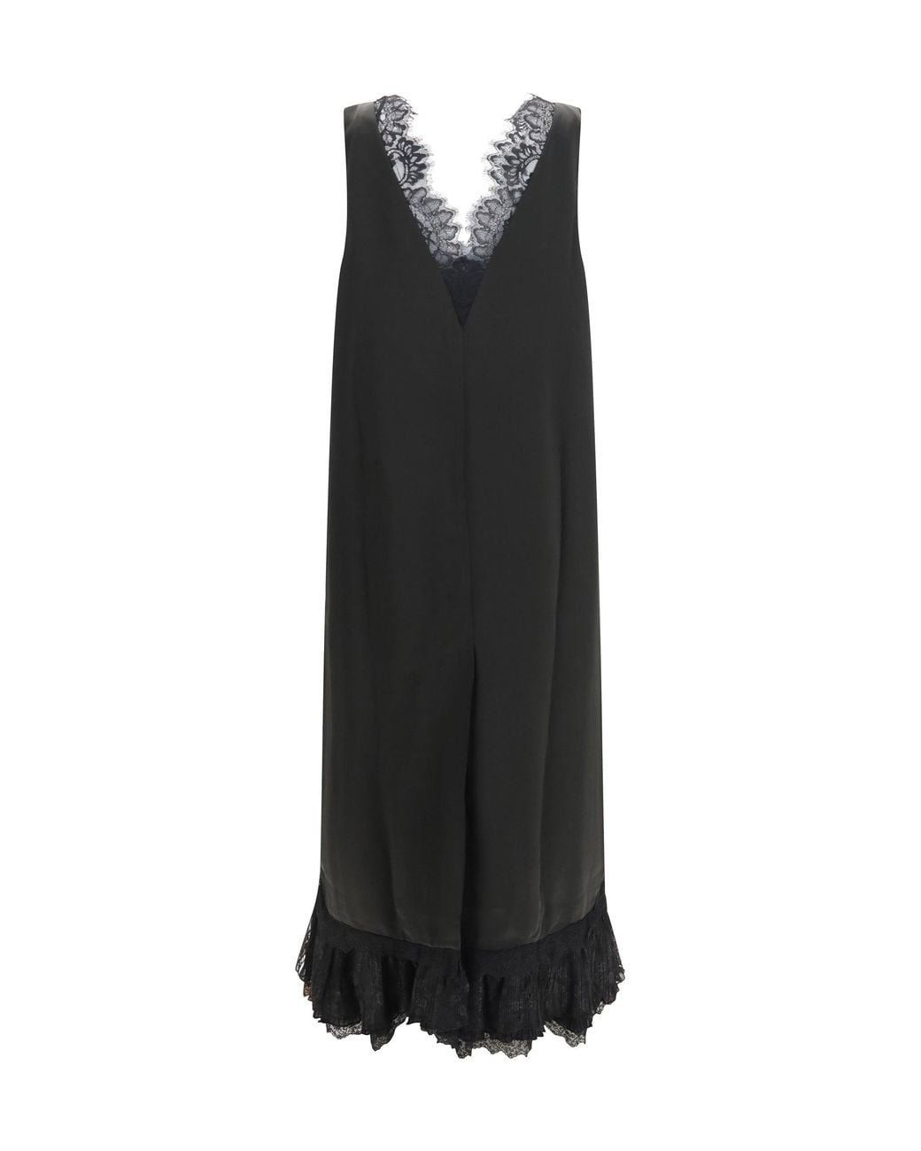 Ganni Black Lace-Trimmed Satin Long Dress