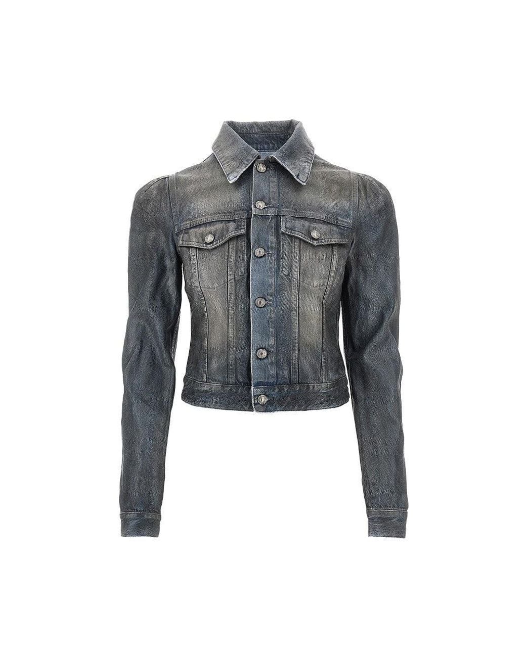 7 For All Mankind Blue Waxed Denim Jacket With Puff Sleeves
