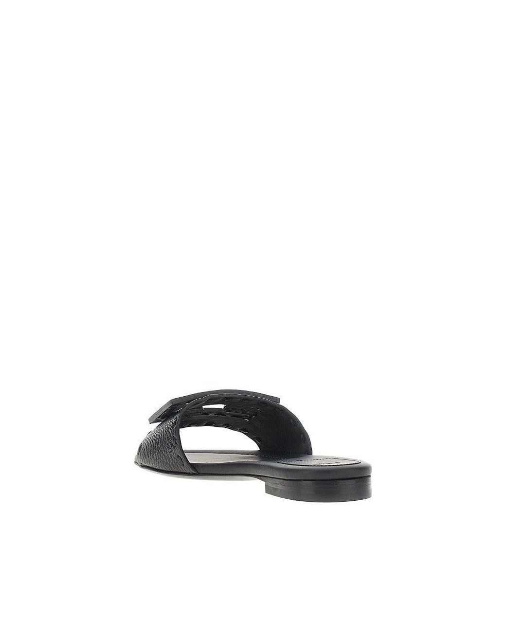 Fendi Black 'Baguette' Grained Leather Slides