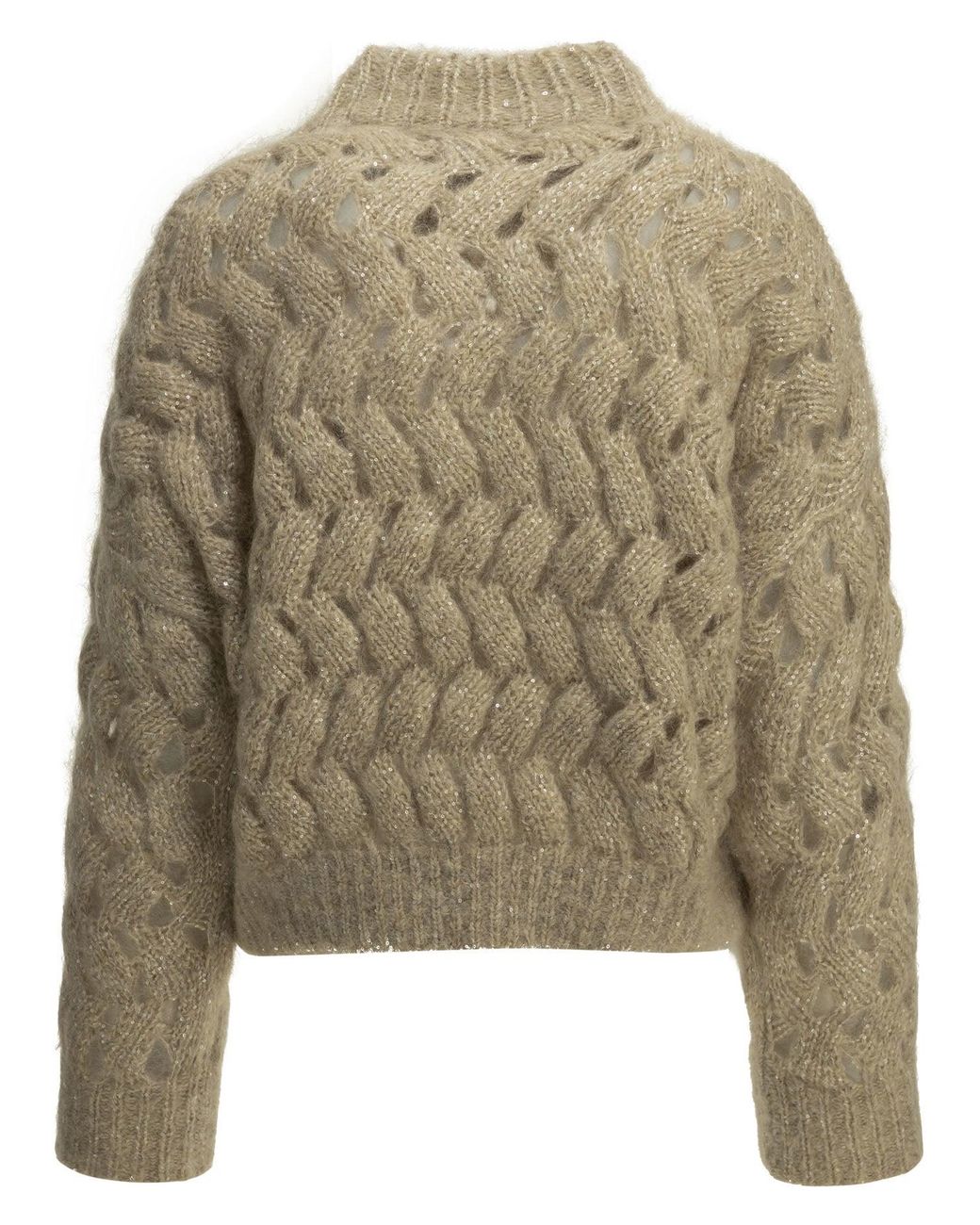 Brunello Cucinelli Natural "Dazzling Zigzag Cables" Crew-Neck Sweater