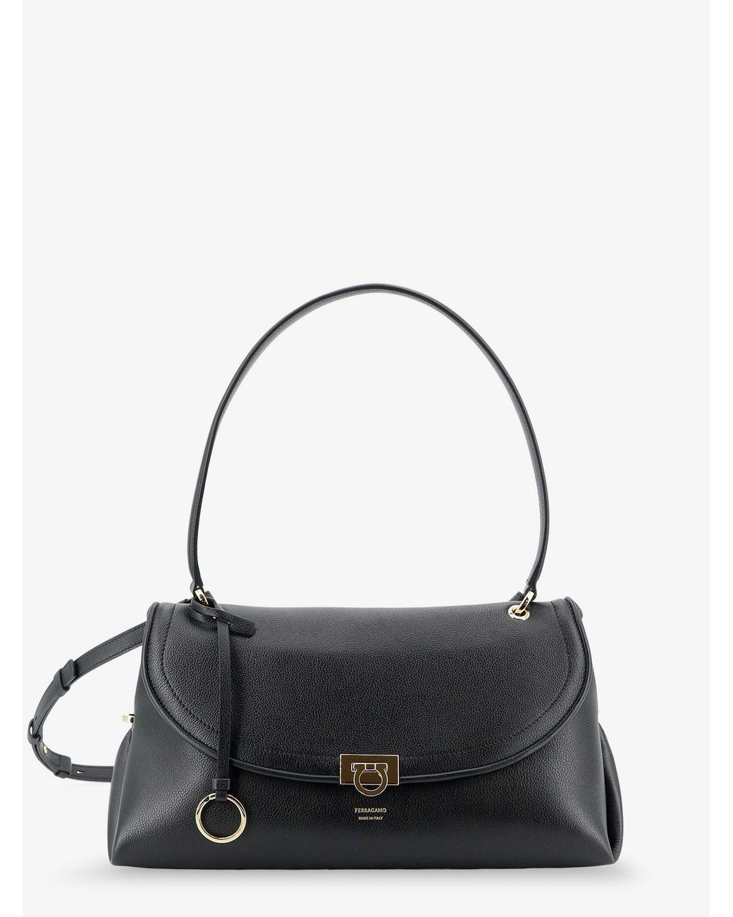 Ferragamo Black Leather Shoulder Bag With Gancini Detail