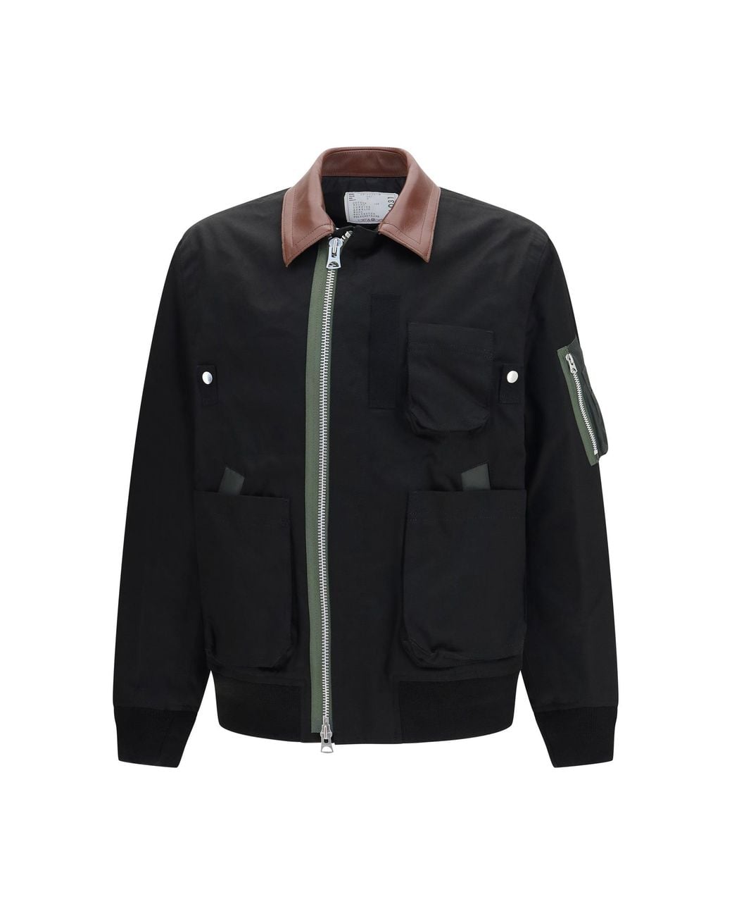 Sacai Black Cotton Bomber Jacket With Leather Details for men