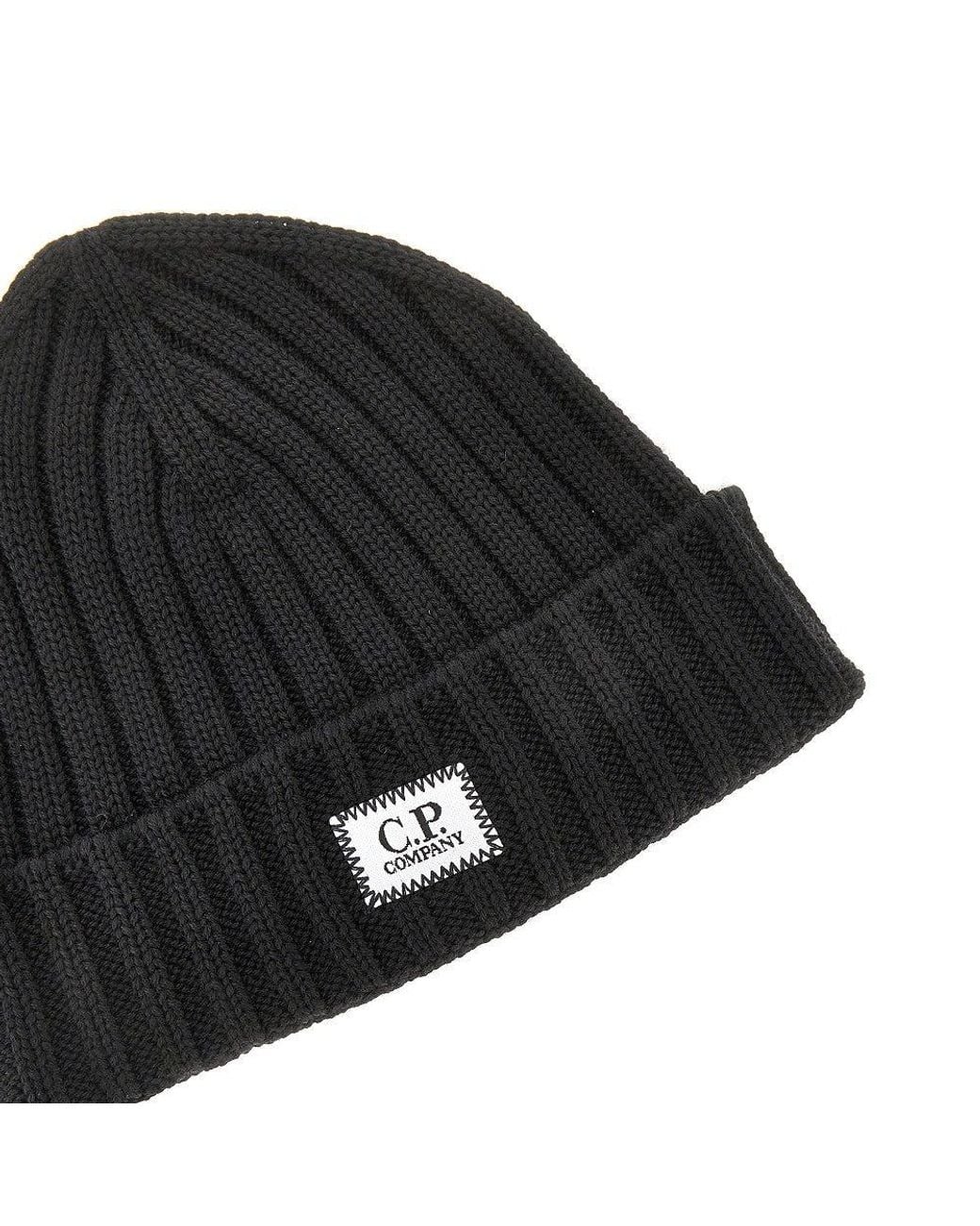 C P Company Black Knitted Beanie Hat With Logo Patch for men