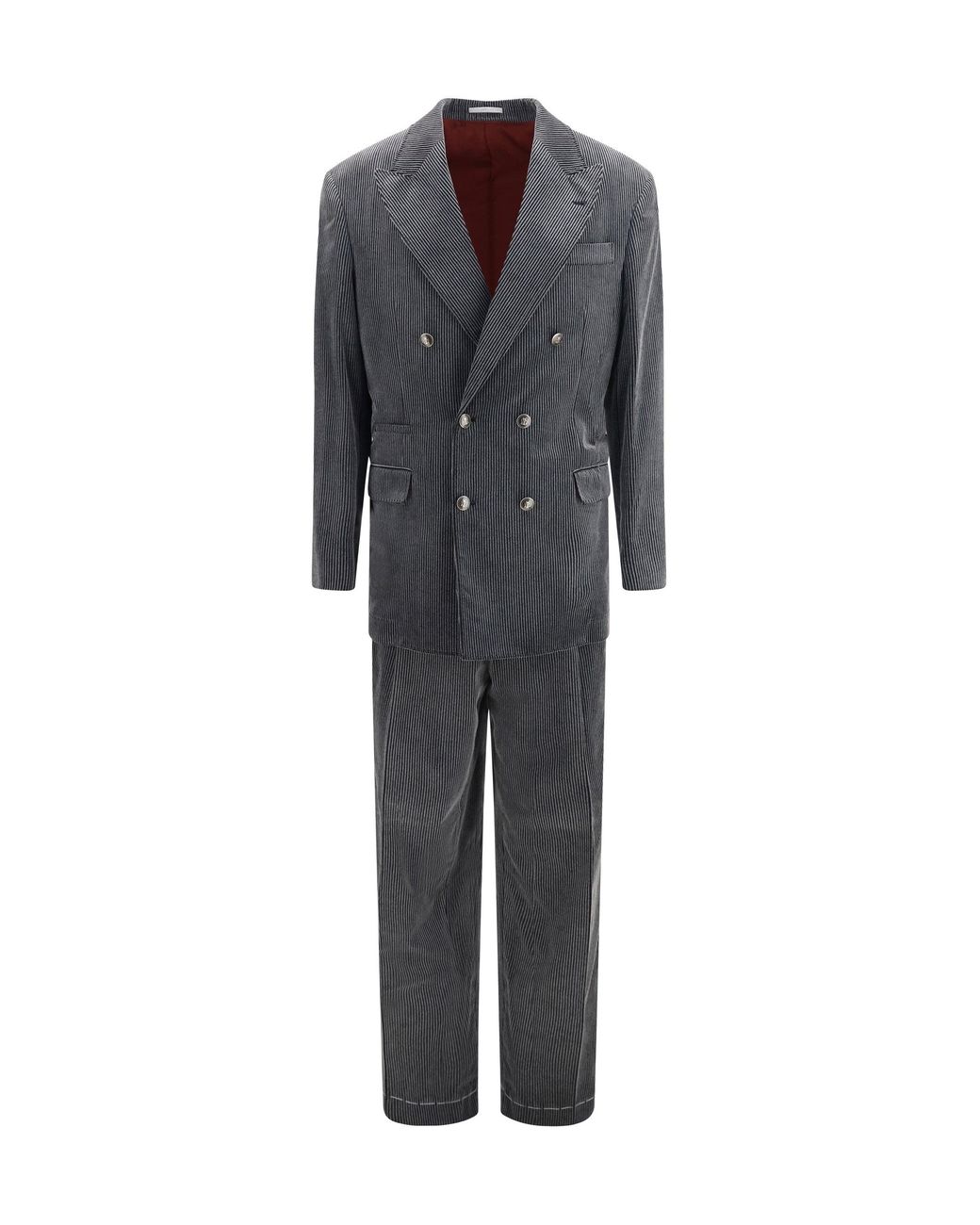 Brunello Cucinelli Gray Ribbed Double-Breasted Suit for men