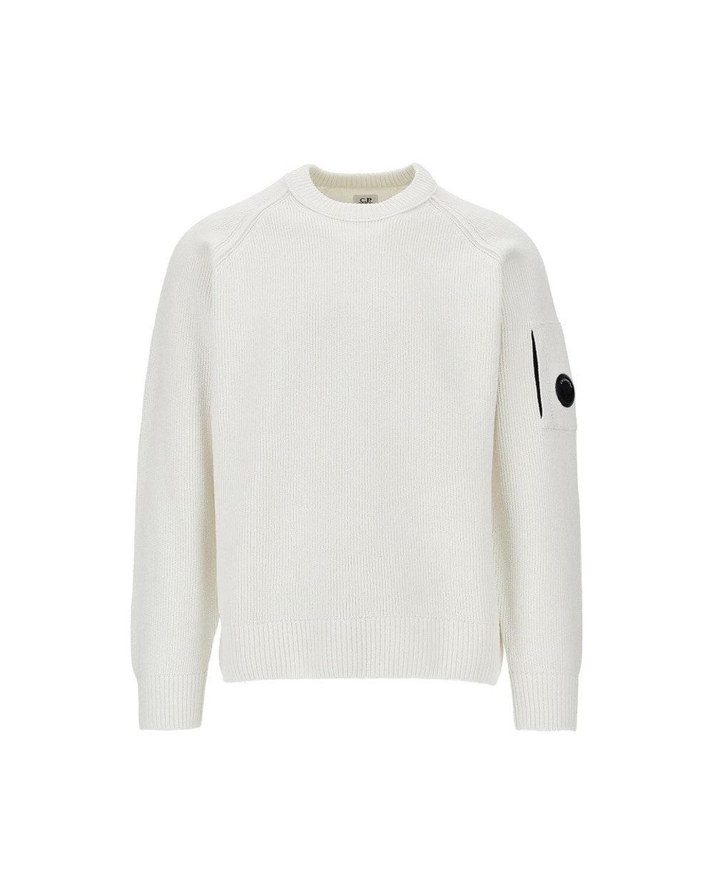 C P Company White Cotton Chenille Crewneck Sweater for men