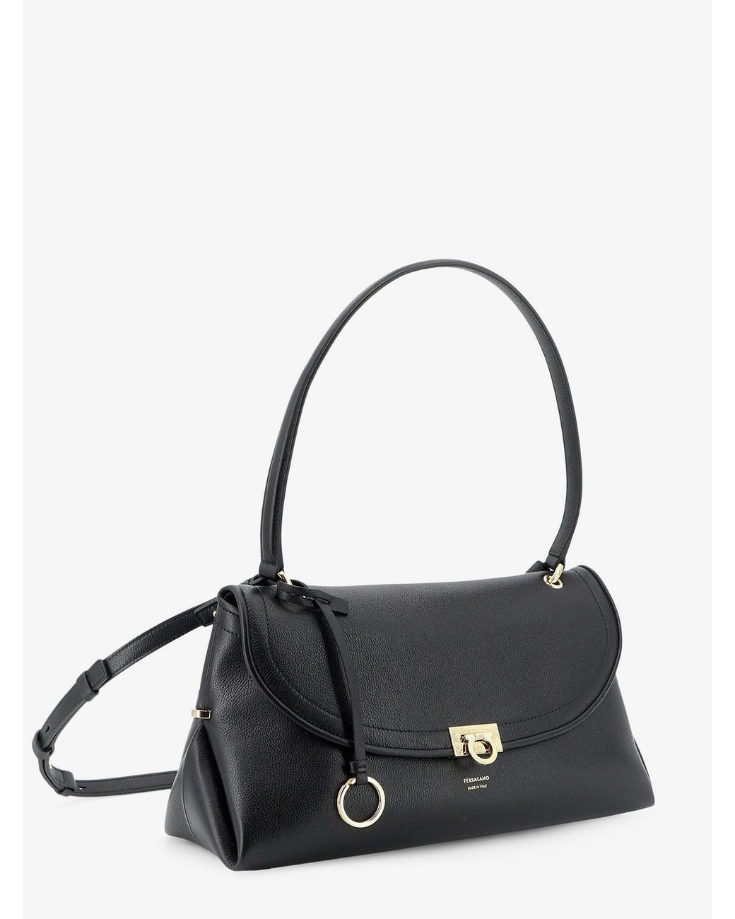 Ferragamo Black Leather Shoulder Bag With Gancini Detail