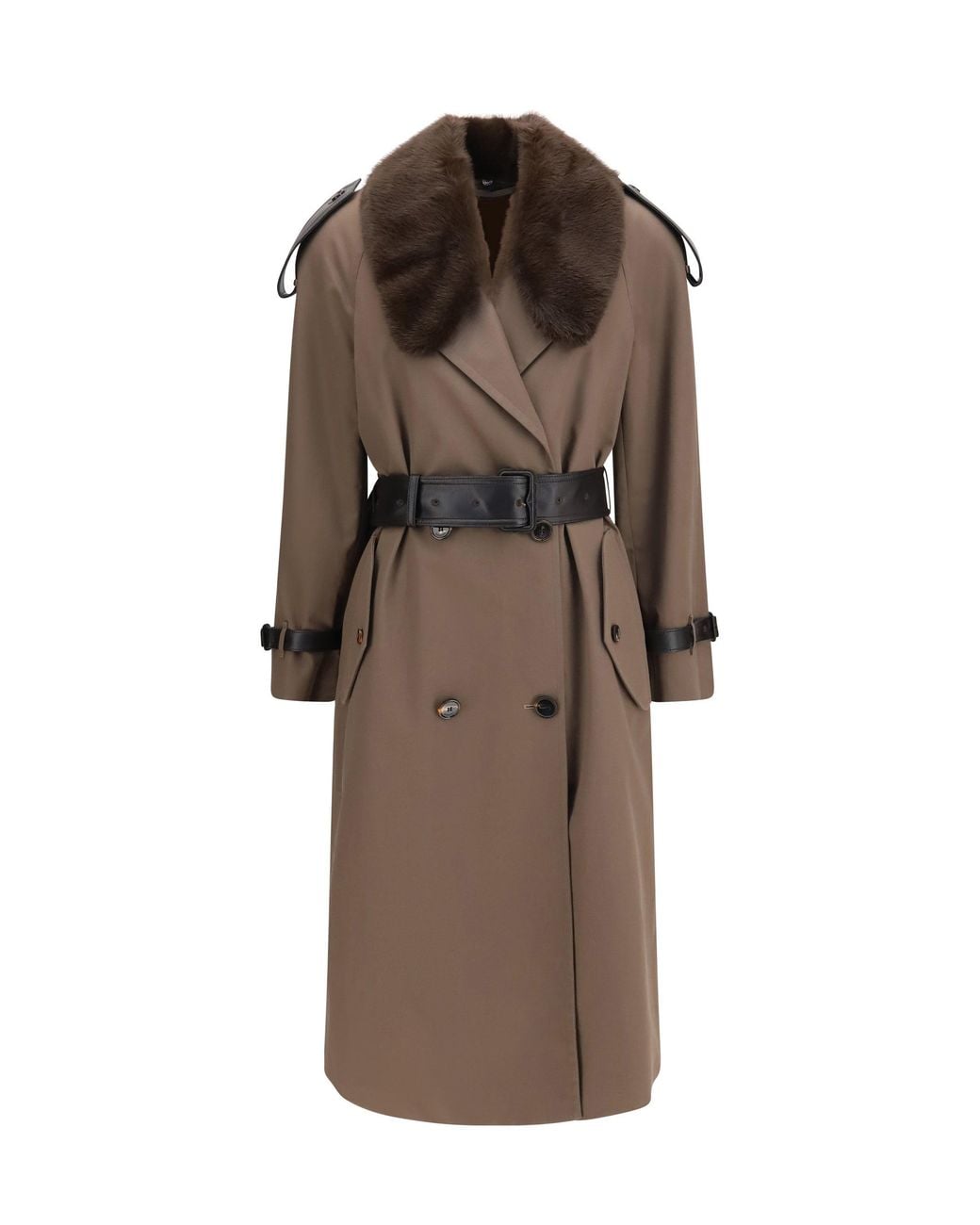 Burberry Brown Long Cotton Trench Coat With Buffalo Leather Collar