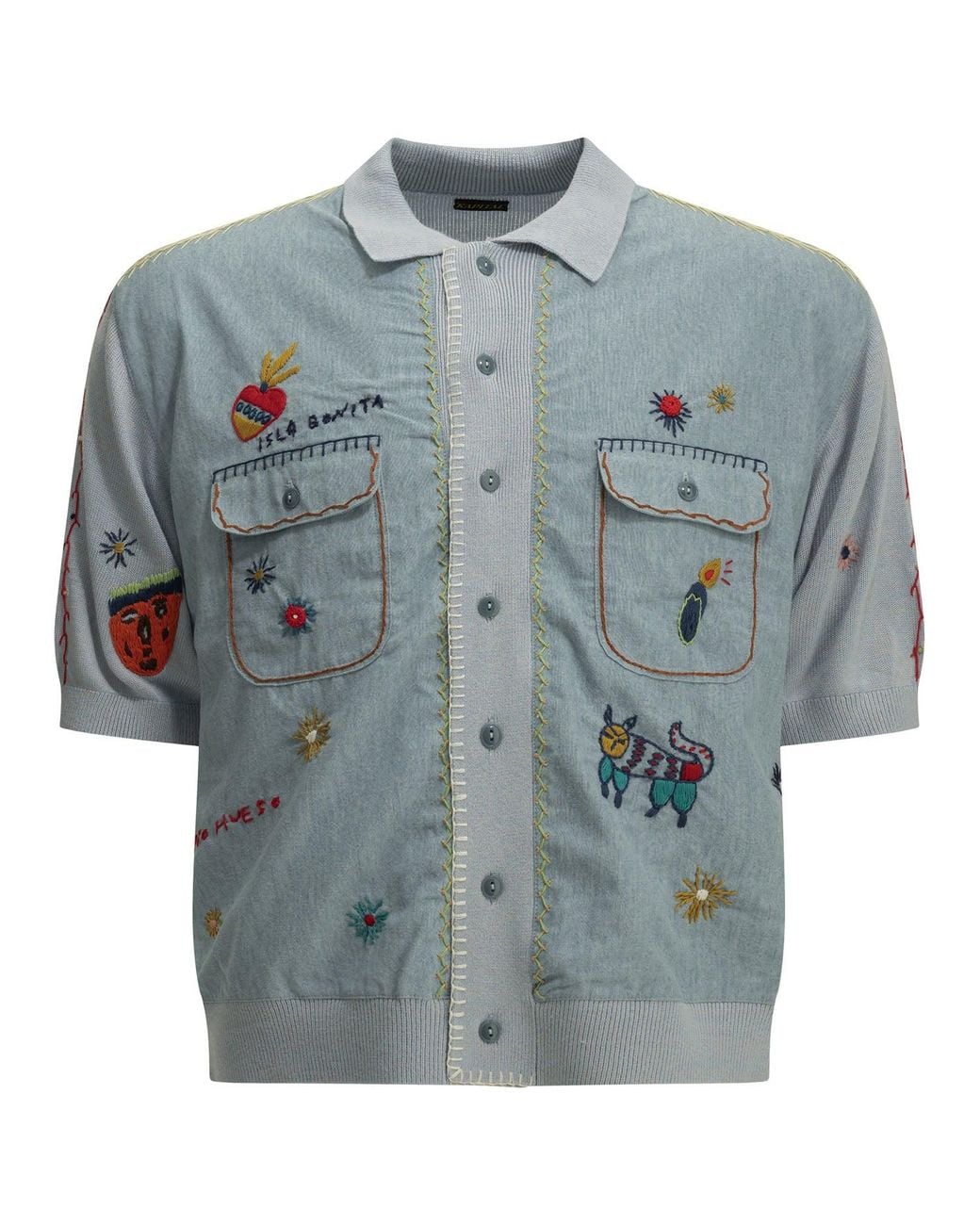 Kapital Blue Knit X Chambray Polo Shirt Light for men
