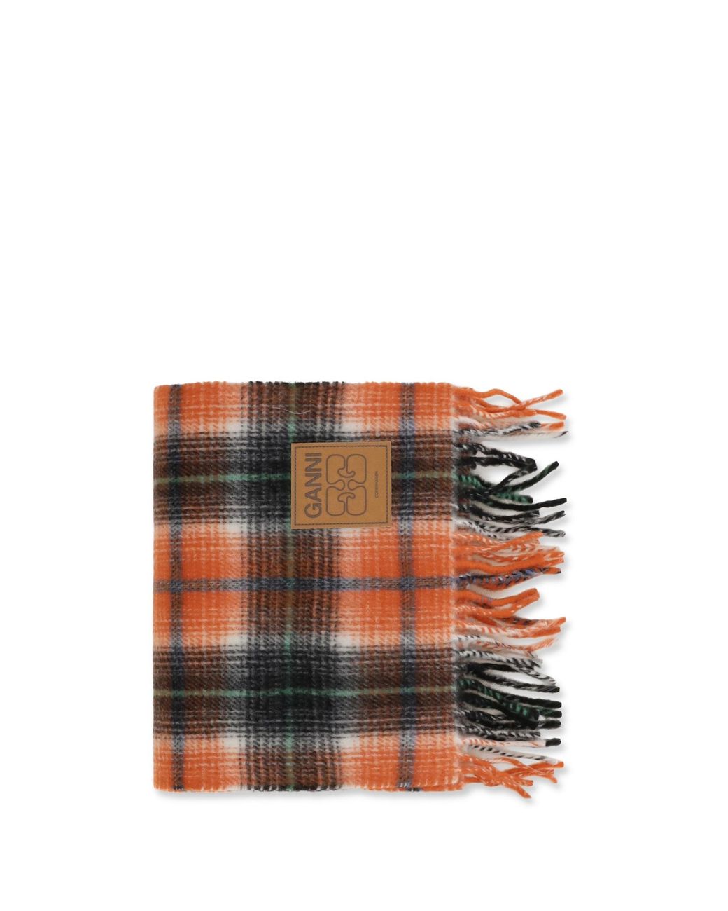 Ganni Orange Checked Wool Scarf