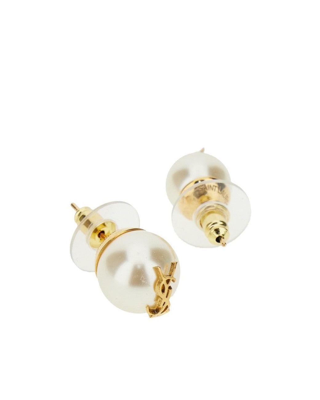 Saint Laurent Metallic Asymmetrical Pearls Earrings With Logo