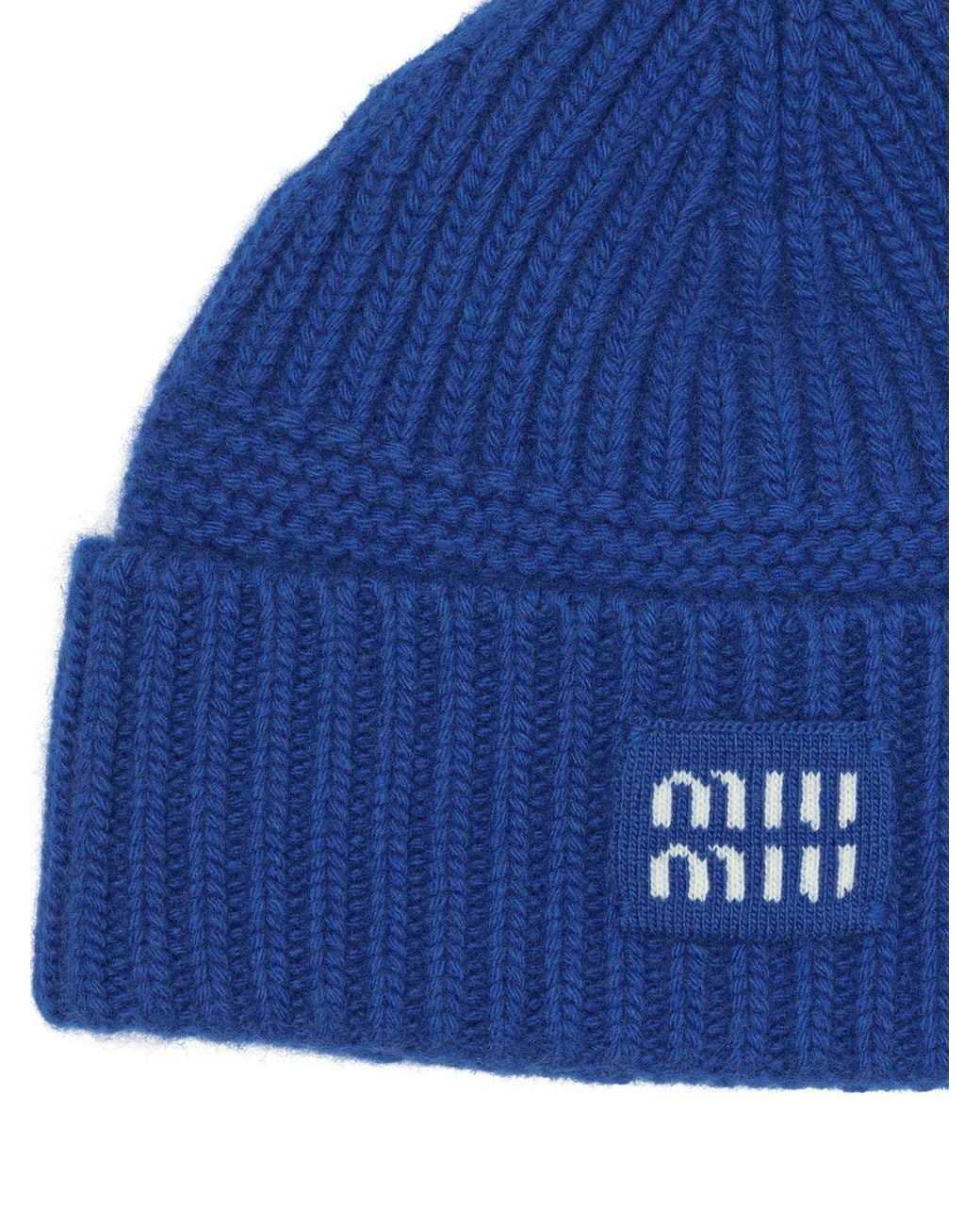 Miu Miu Blue Wool And Cashmere Beanie With Logo