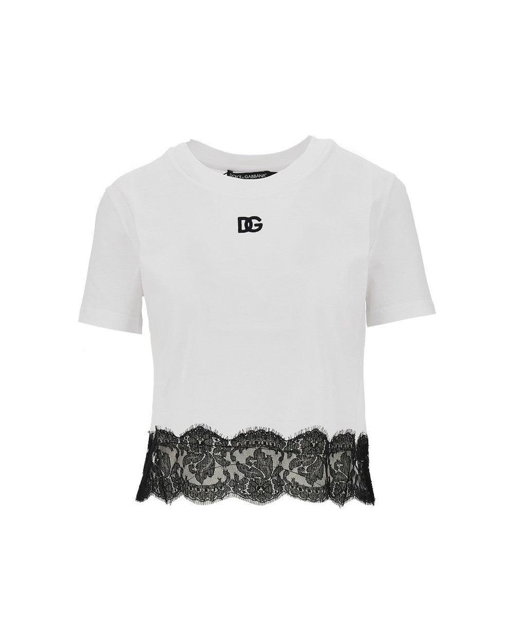 Dolce & Gabbana White Cropped T-Shirt With Lace Trimming