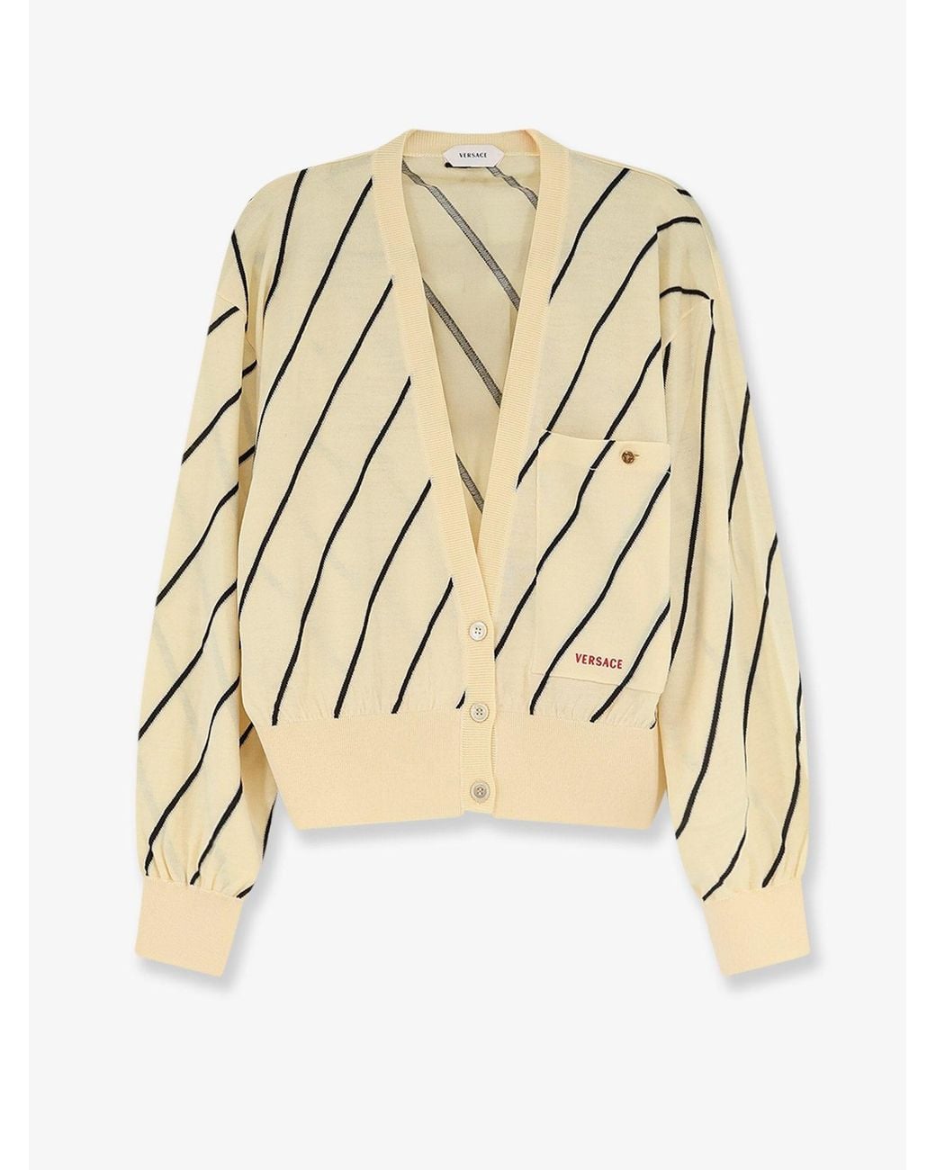 Versace Natural Wool Blend Cardigan With Striped Detail