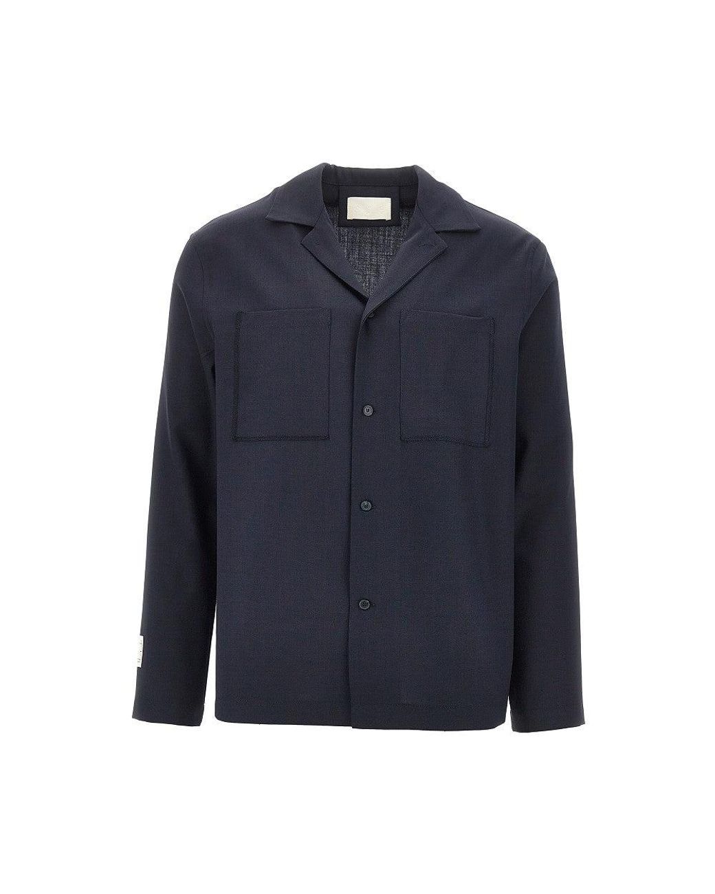 C.9.3 Blue Wool-Blend Shirt With Bowling Collar for men