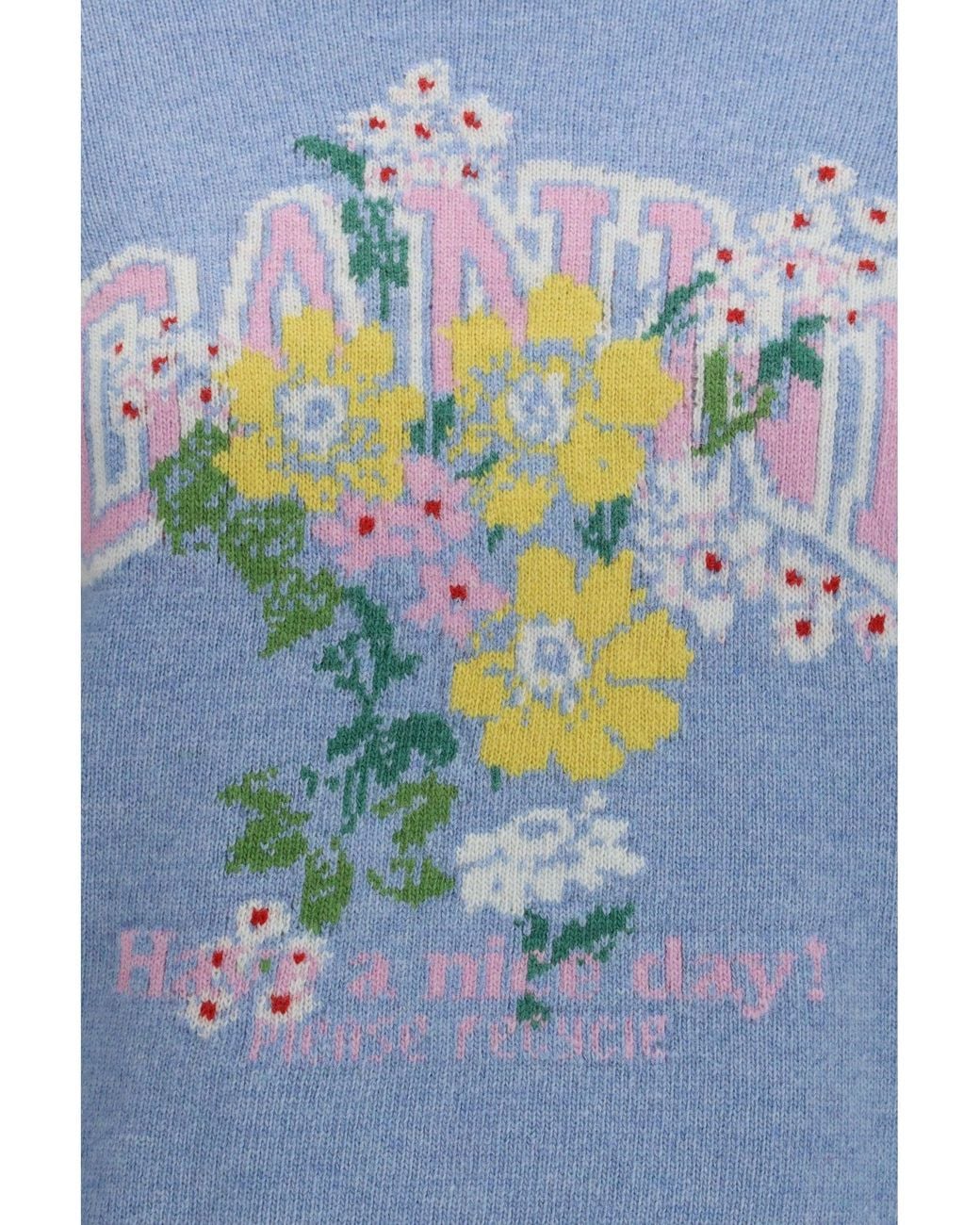 Ganni Blue Flowers Wool Sweater Bonnet