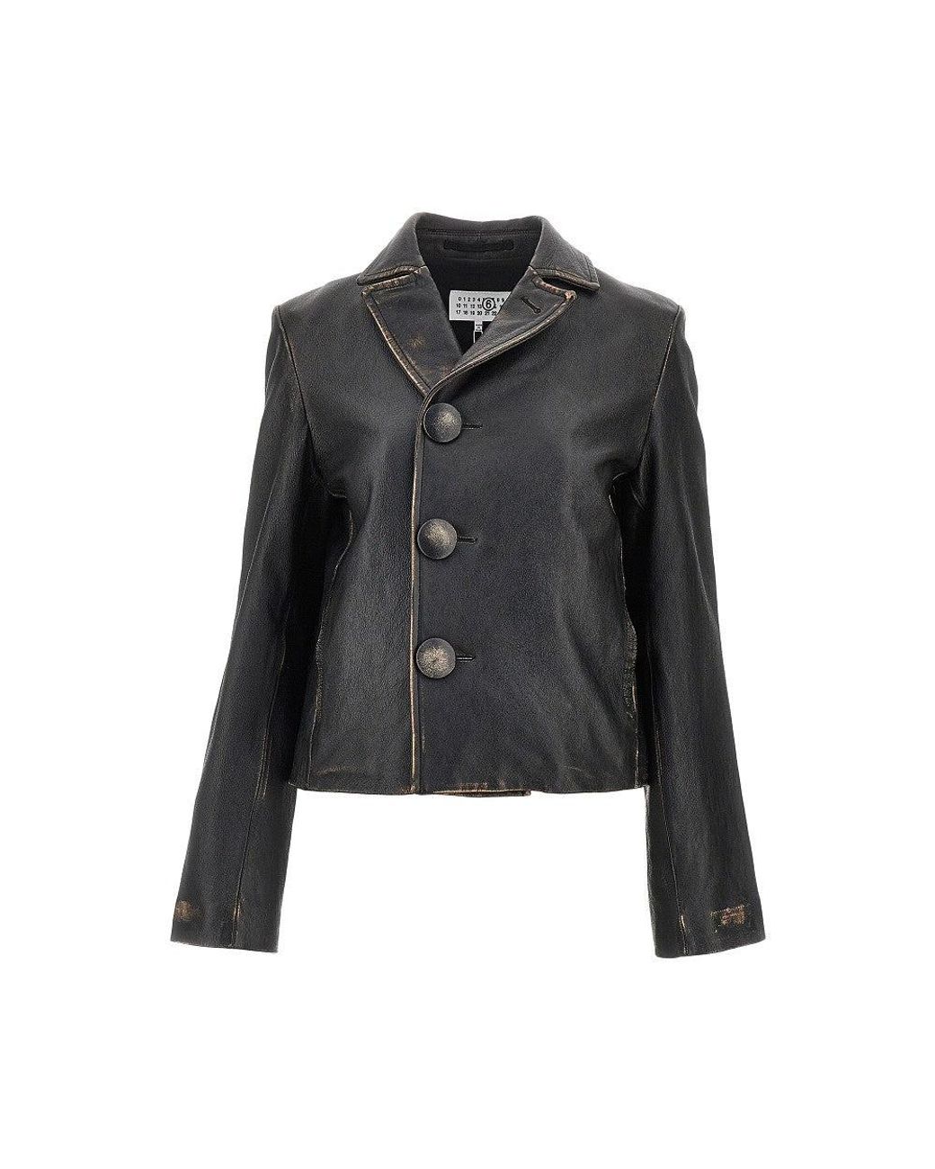 MM6 by Maison Margiela Black Vintage-Effect Leather Jacket
