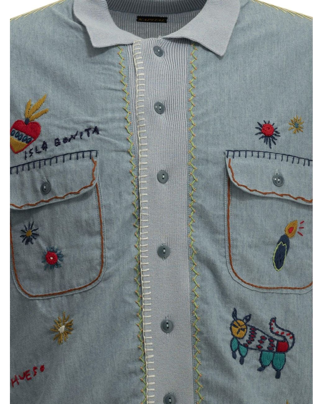 Kapital Blue Knit X Chambray Polo Shirt Light for men
