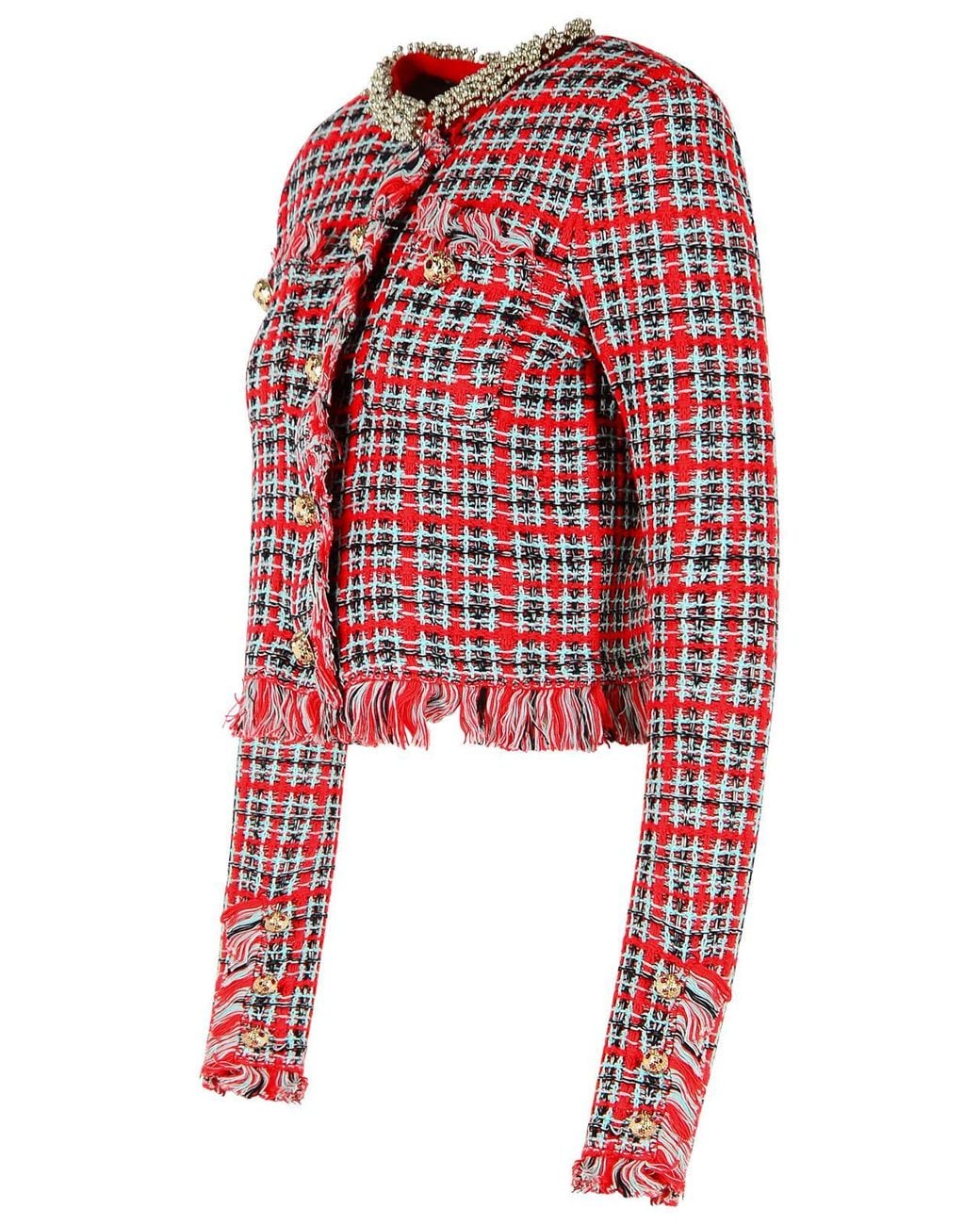 Self-Portrait Red Plaid Frayed-Trim Cotton-Blend Blazer