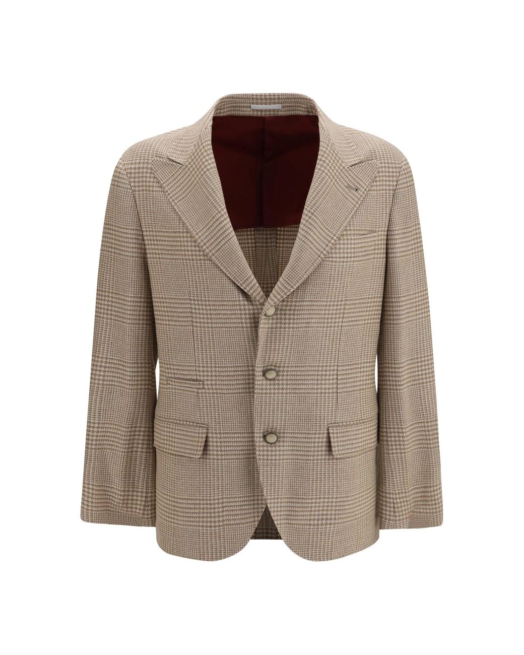 Brunello Cucinelli Brown Single Breasted Checked Blazer for men