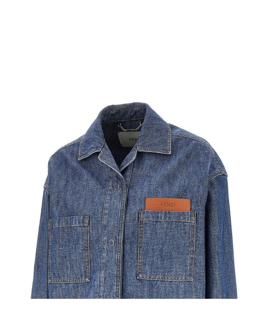 Fendi Blue Chambray Short Jacket With Leather Pocket