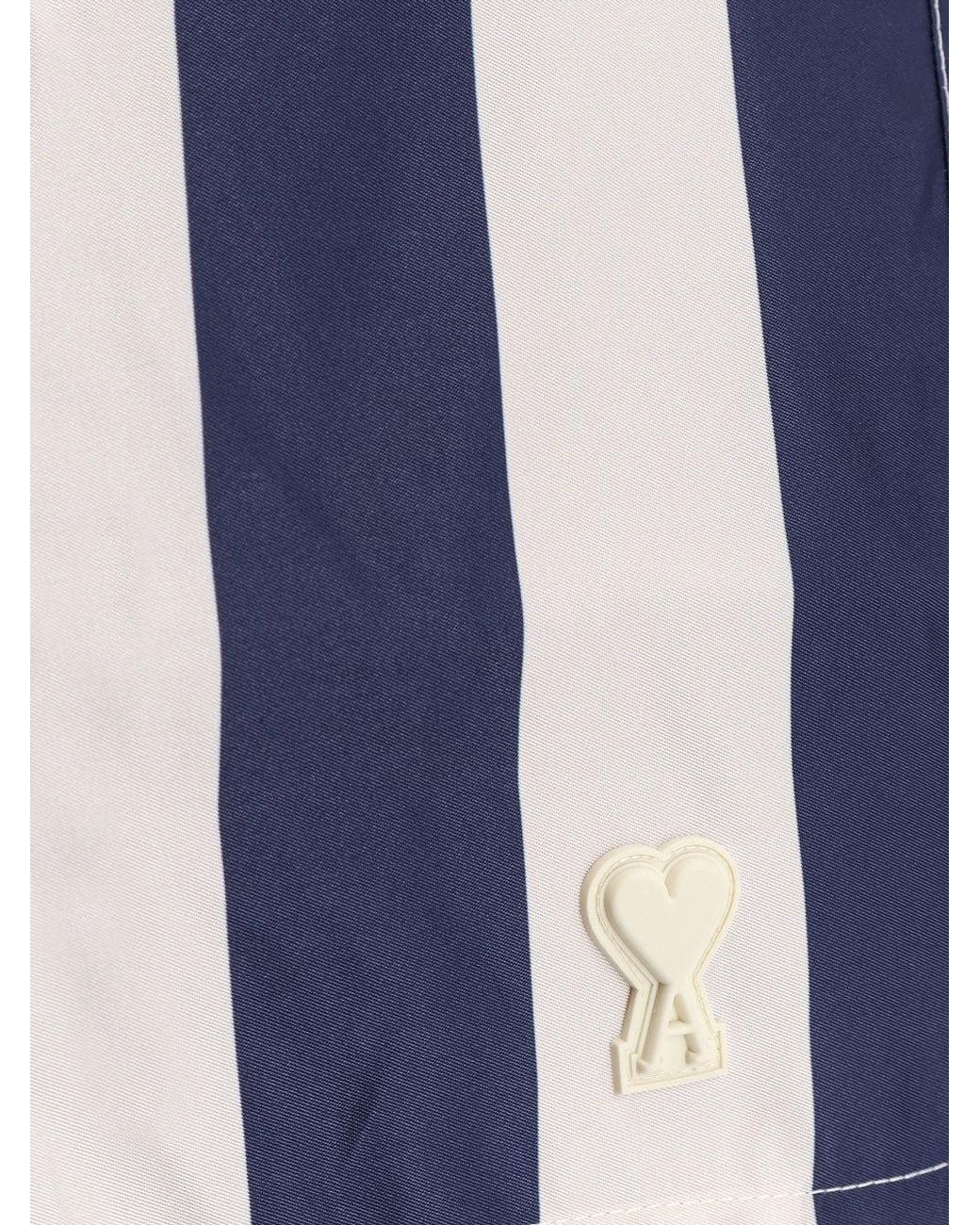 AMI Blue Nylon Swim Shorts With Striped Pattern for men