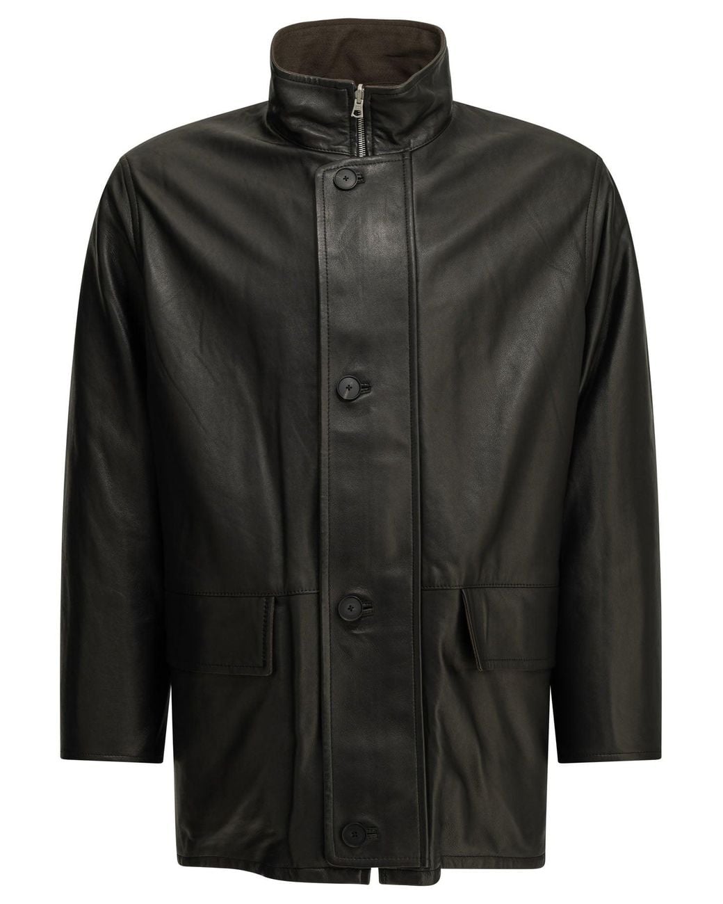 Auralee Green Reversible Wool And Leather Coat for men