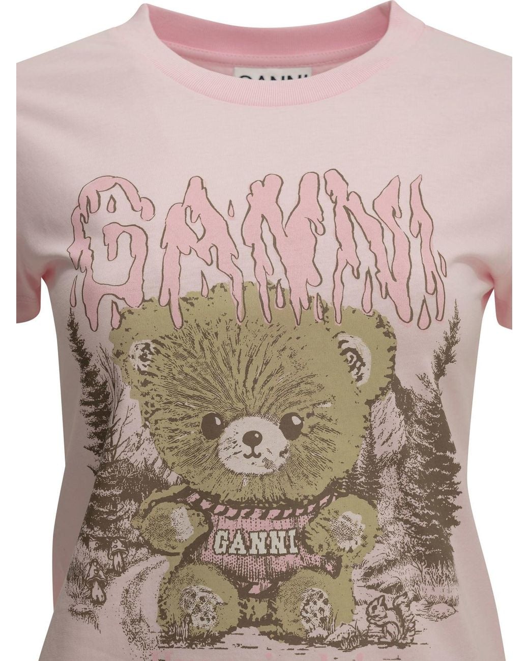 Ganni Pink "Forest Teddy" Crew-Neck T-Shirt