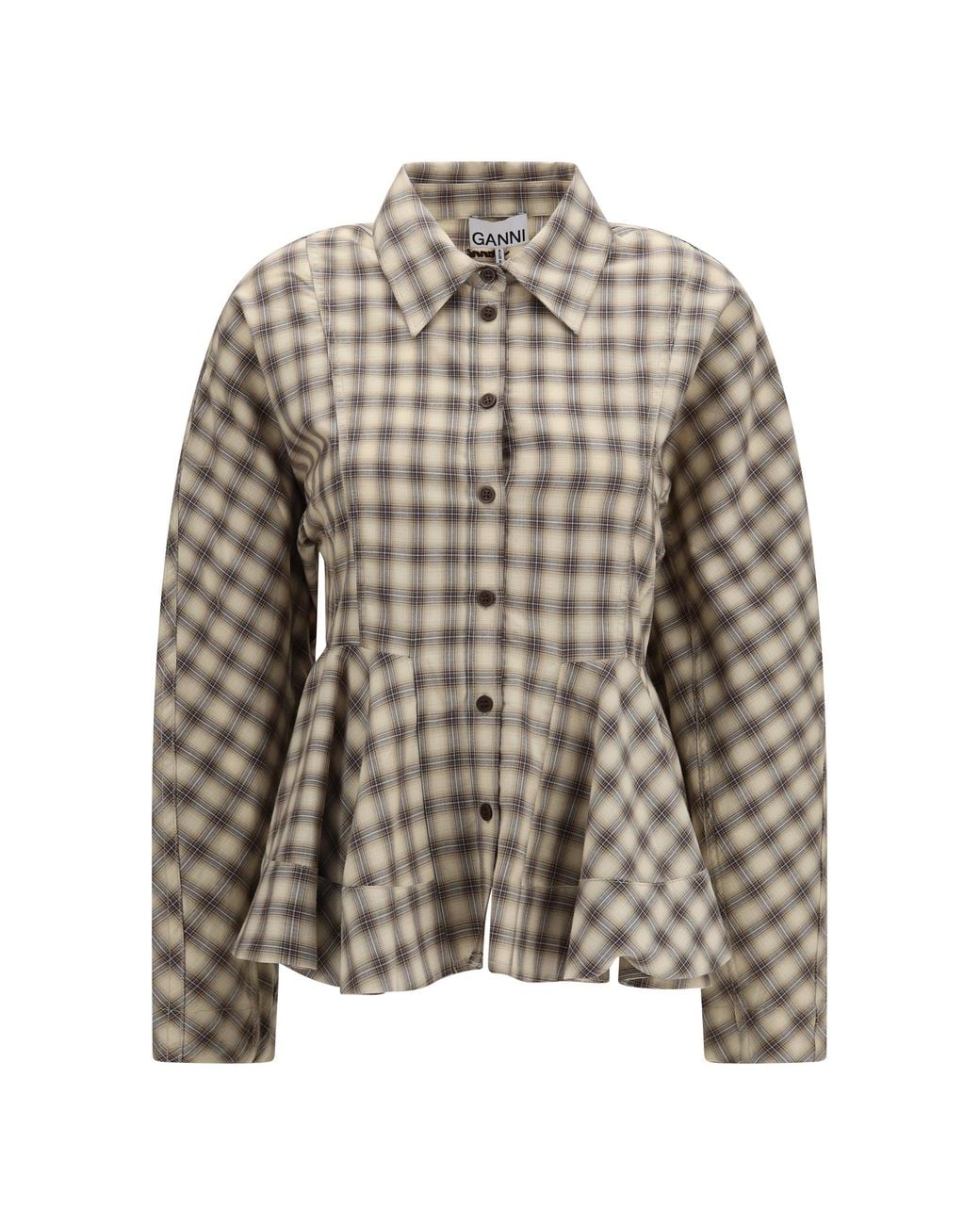 Ganni Gray Check Flannel Peplum Shirt Oyster