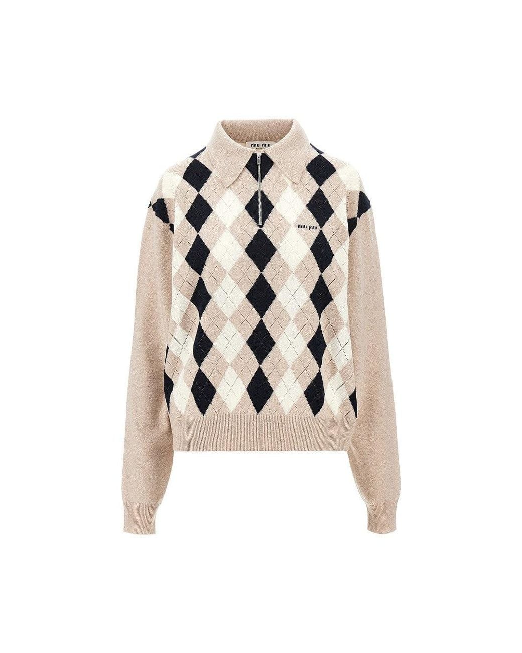 Miu Miu White Argyle Cashmere Polo Sweater