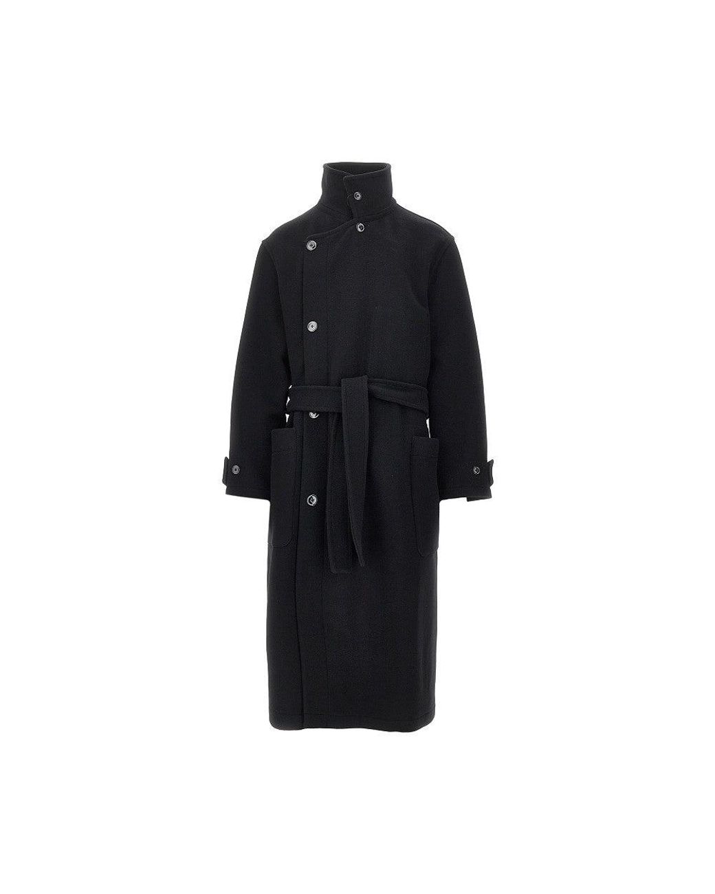Lemaire Black Wool Belted Long Coat for men