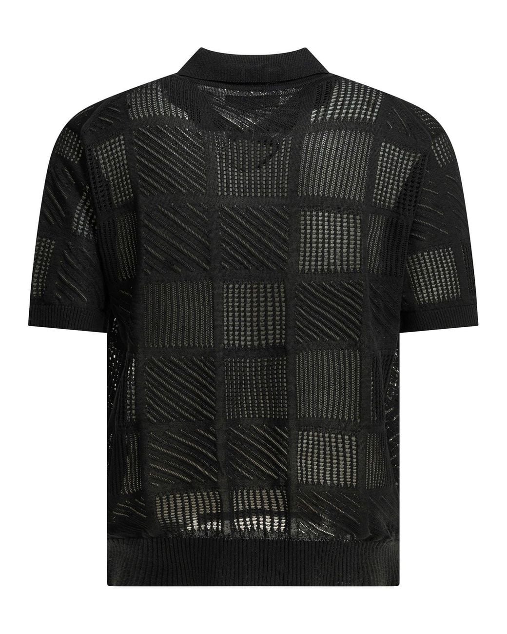 Beams Plus Black Cotton Nylon Spandex Textured Knit Button-Down Polo Shirt for men