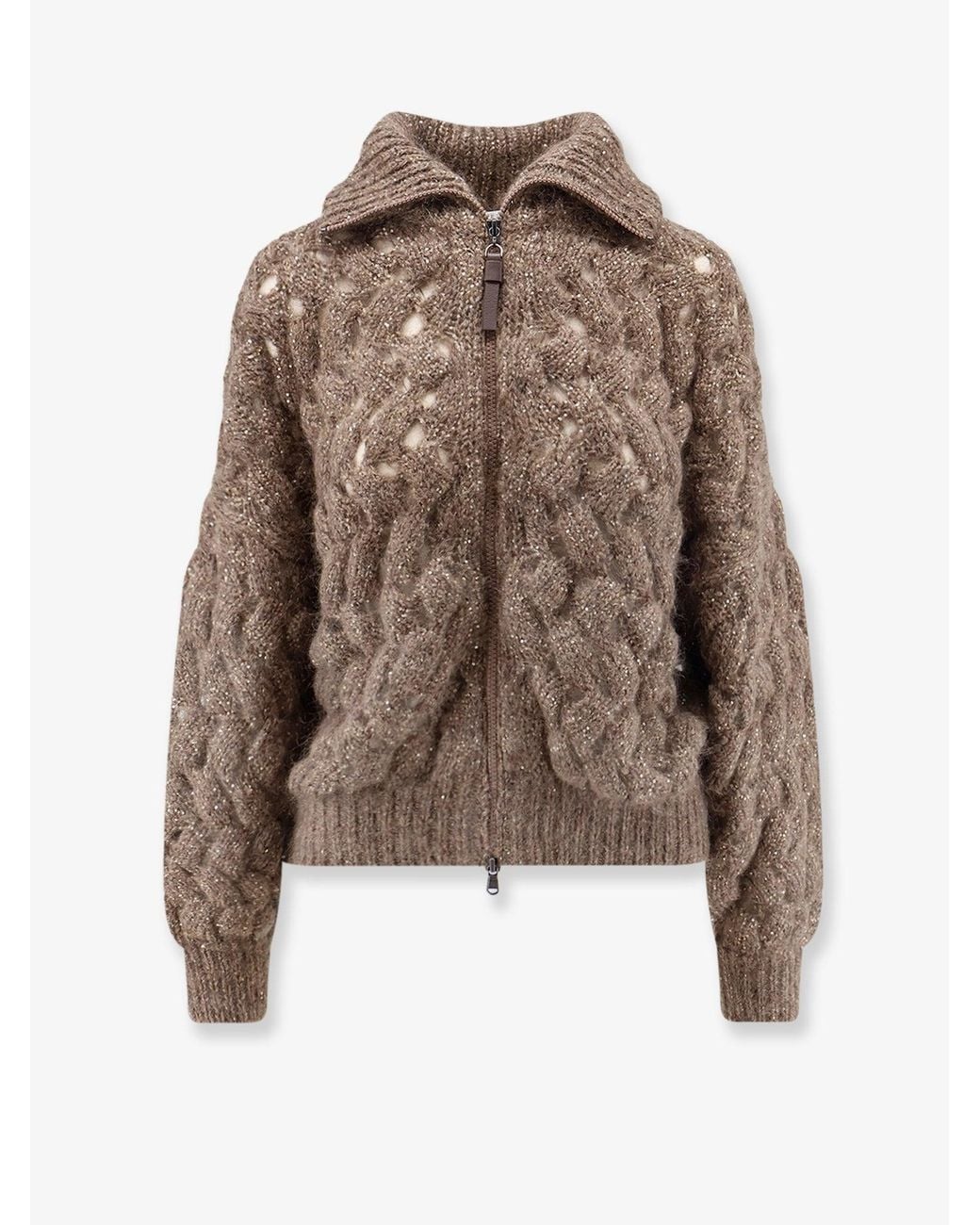 Brunello Cucinelli Brown Perforated Cardigan With Micro-Sequins