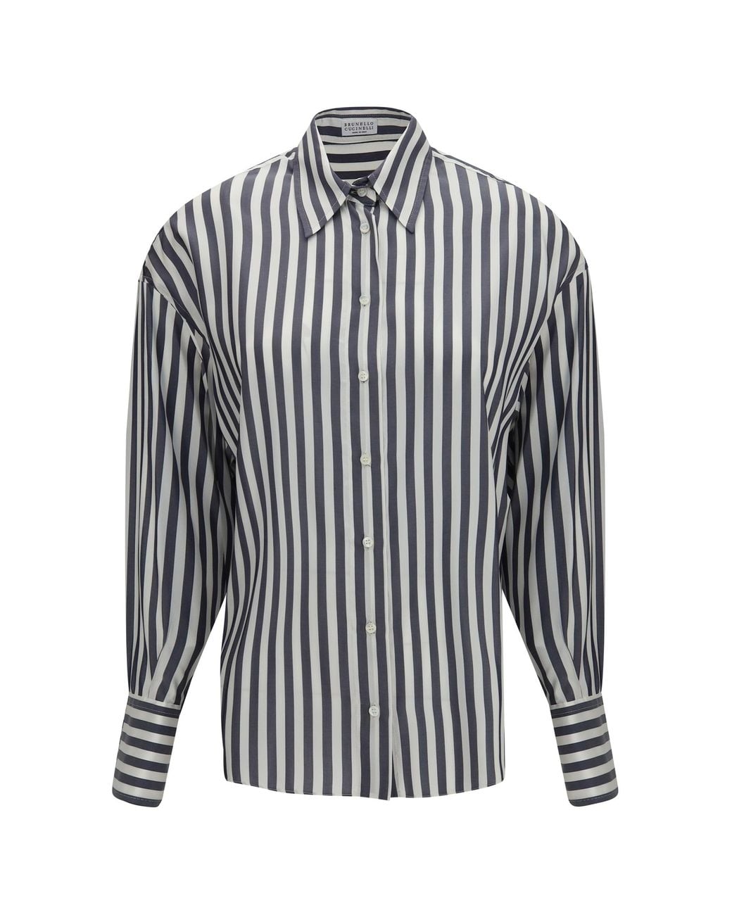 Brunello Cucinelli White Silk Poplin Striped Shirt Denim/Bianco