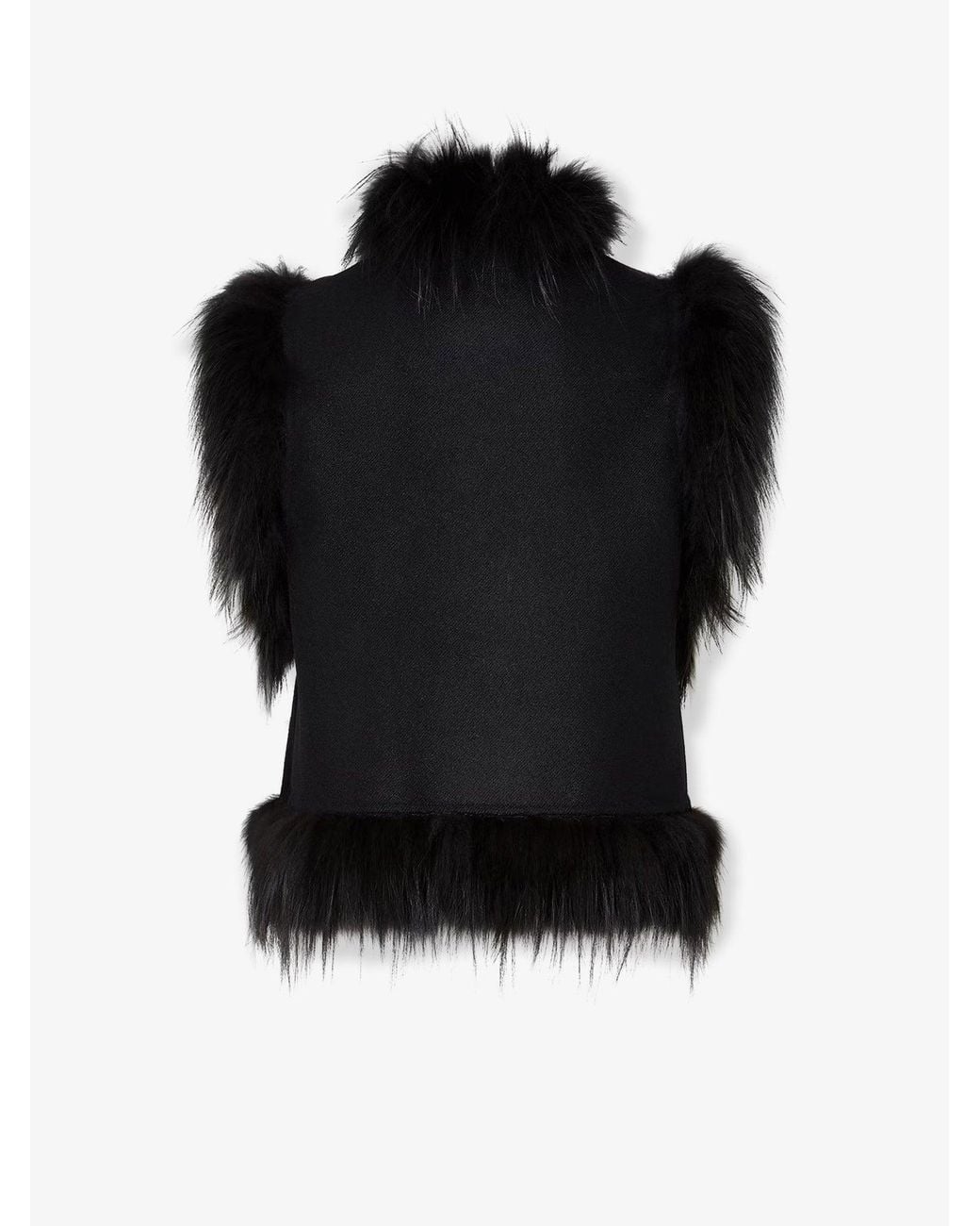Fendi Black Wool Vest With Floral Embroidery And Fox Fur Trim