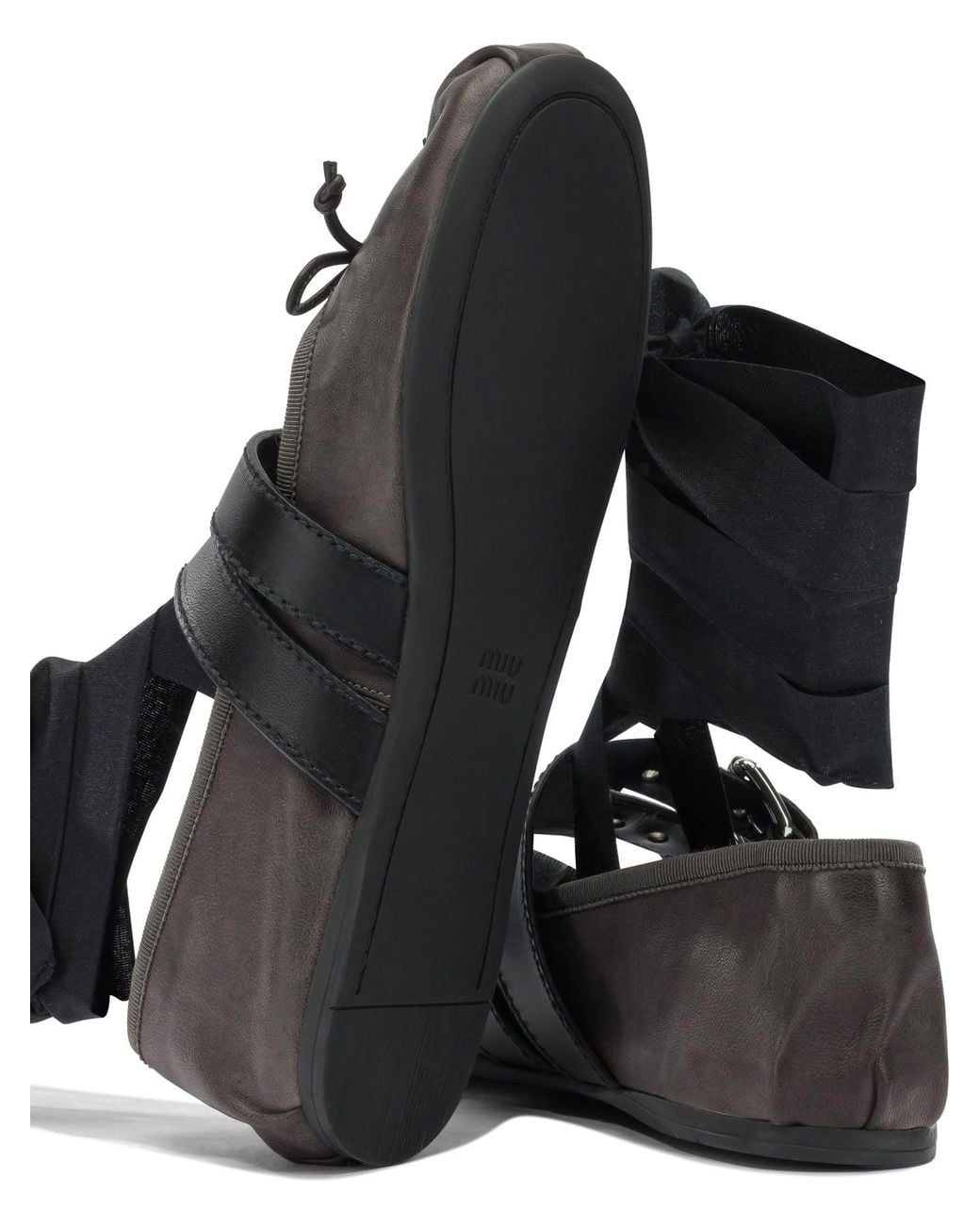 Miu Miu Black Leather Ballets Flat With Ribbon
