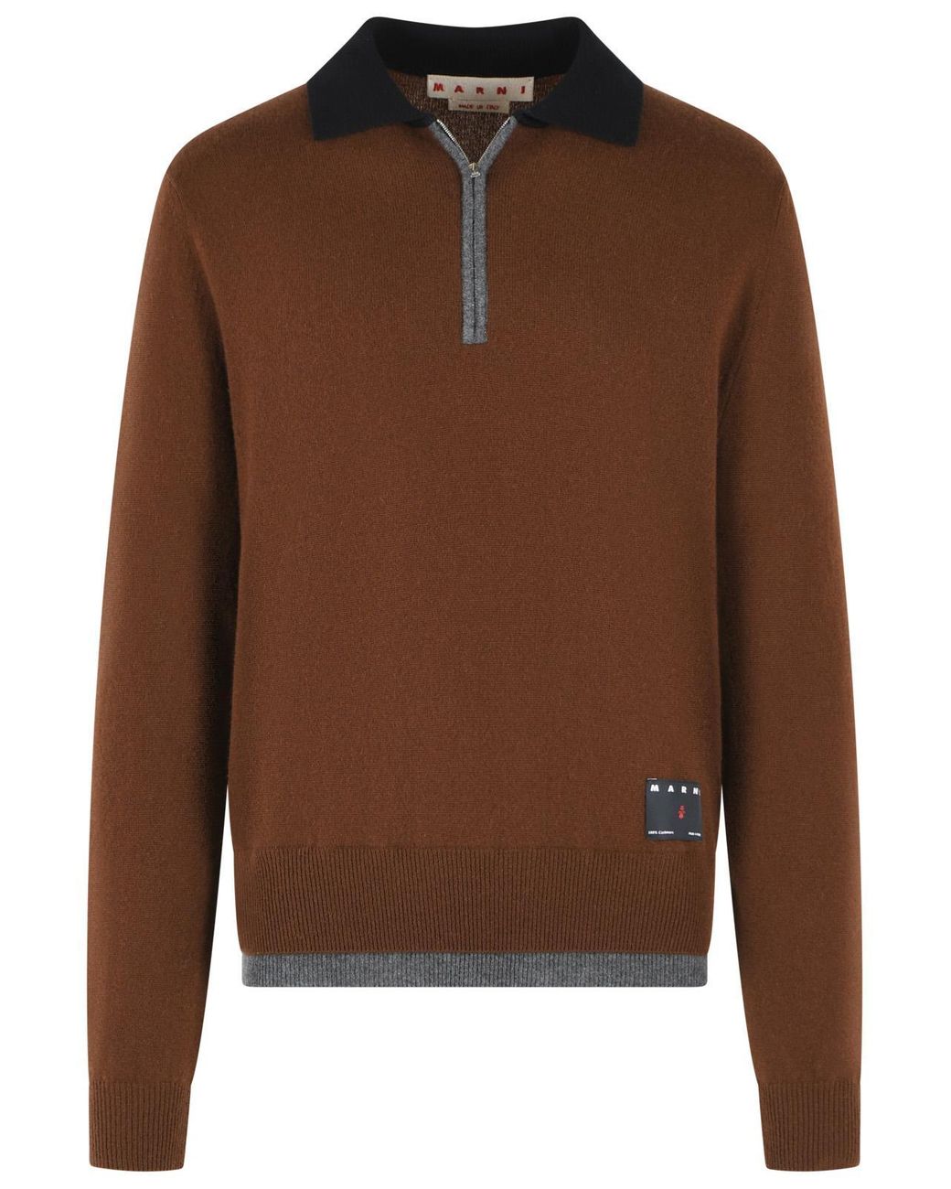 Marni Brown Cashmere Polo Shirt With Ribbed Collar for men