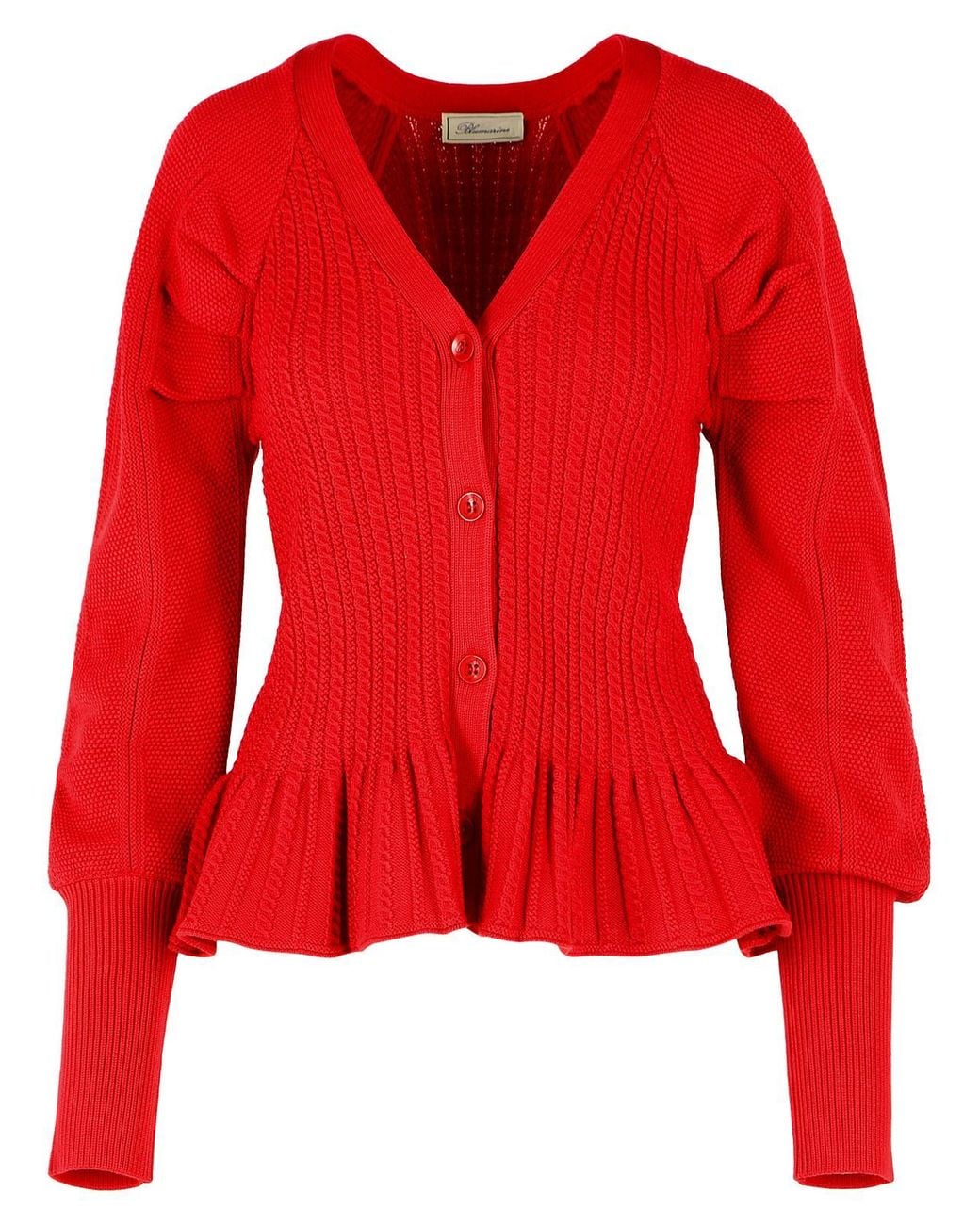 Blumarine Red Ribbed Ruffle-Hem Knit Cardigan