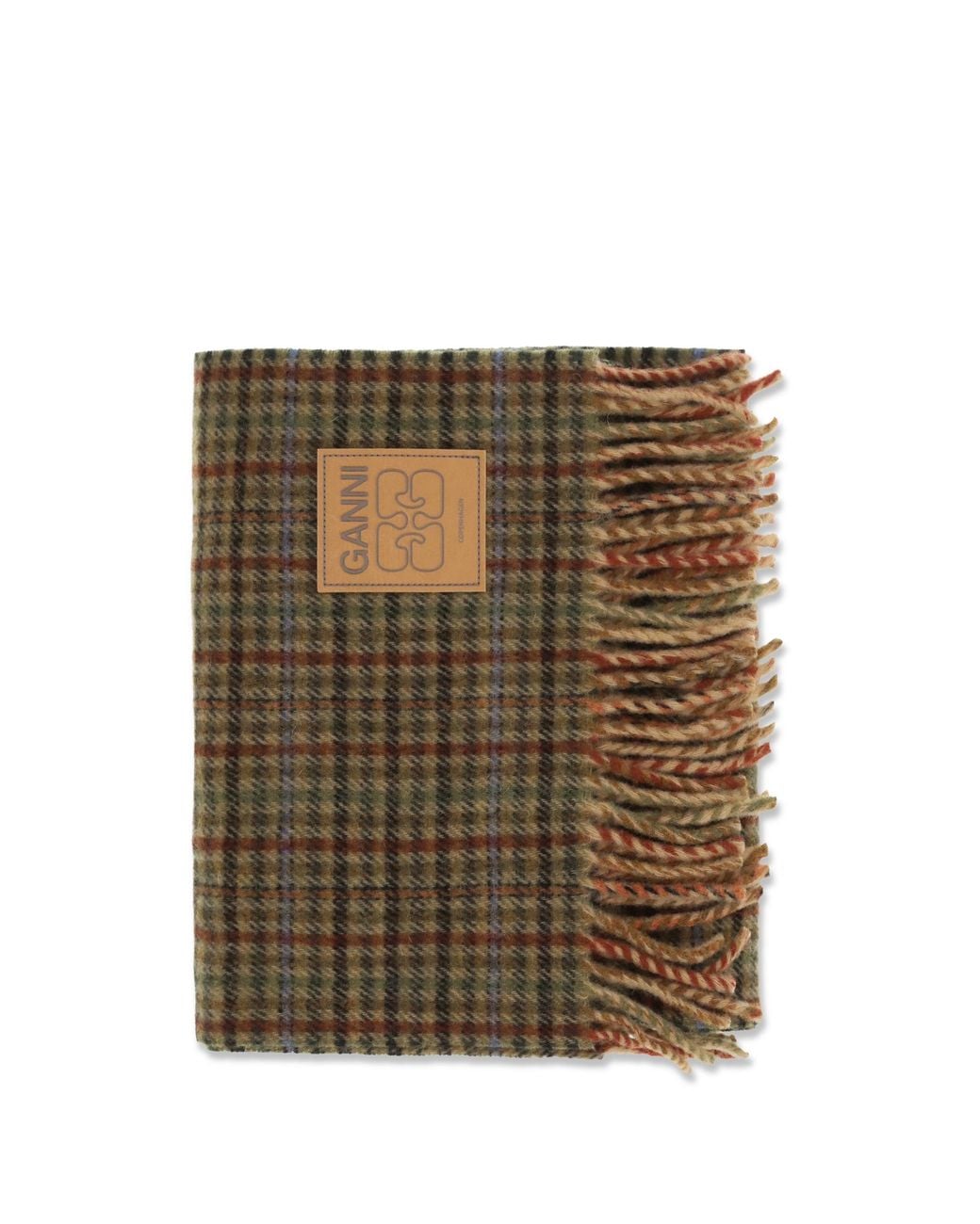 Ganni Brown Small Check Wool Scarf