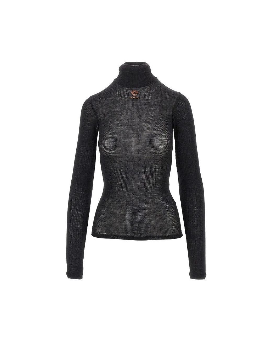 Versace Black Ribbed Wool Turtleneck Top